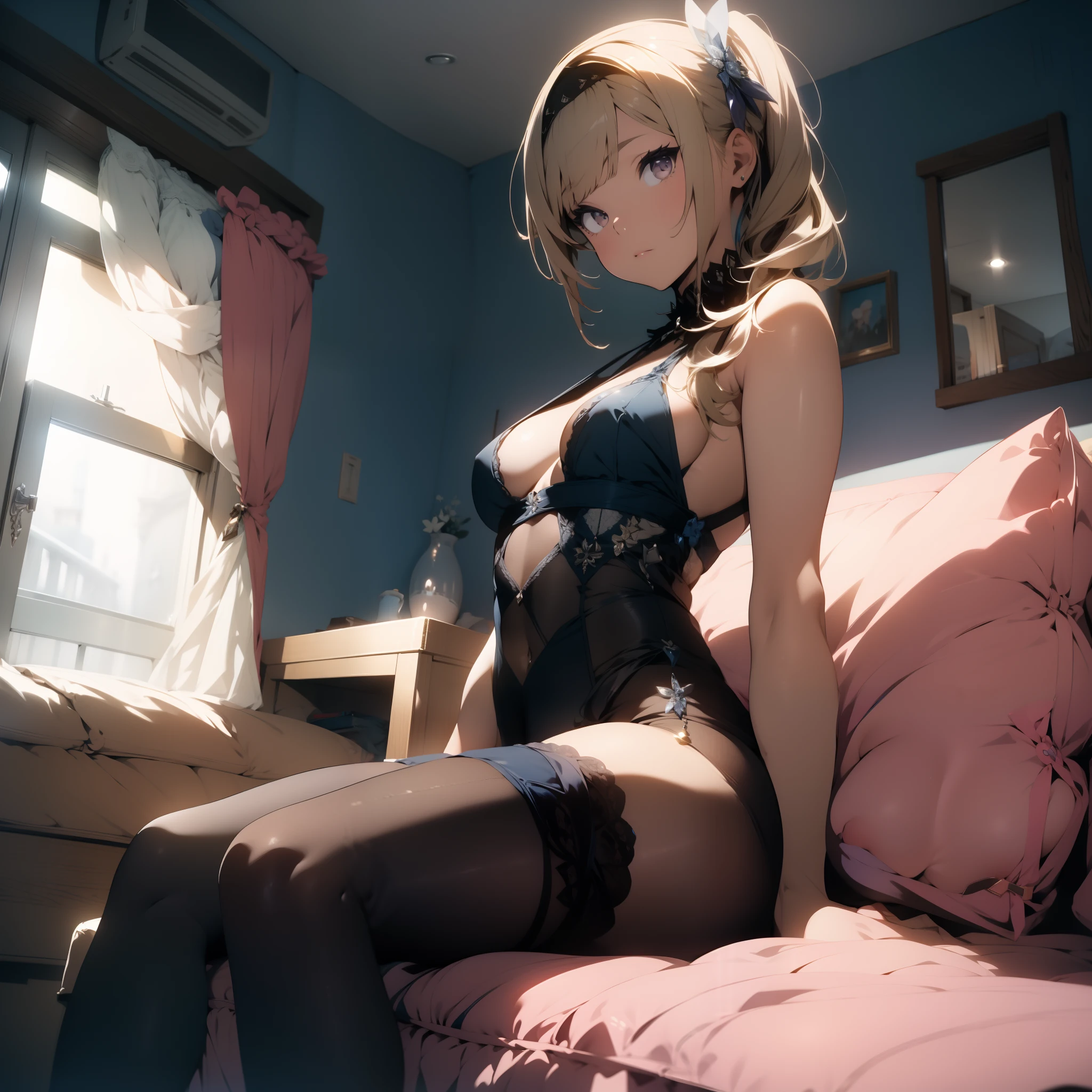 araffed Eula in a blue lingerie and pantyhose laying on a couch, on a couch, pretty face with arms and legs, side ponytail, braided hair, diadem, sexy look at the camera, sitting on the couch, beautiful angle,  good young girl, sitting on her bed, sitting on the bed, sexy girl, sitting on a bed, posing in bed, lace, sheer, visible bellybutton, blonde, pink eyes