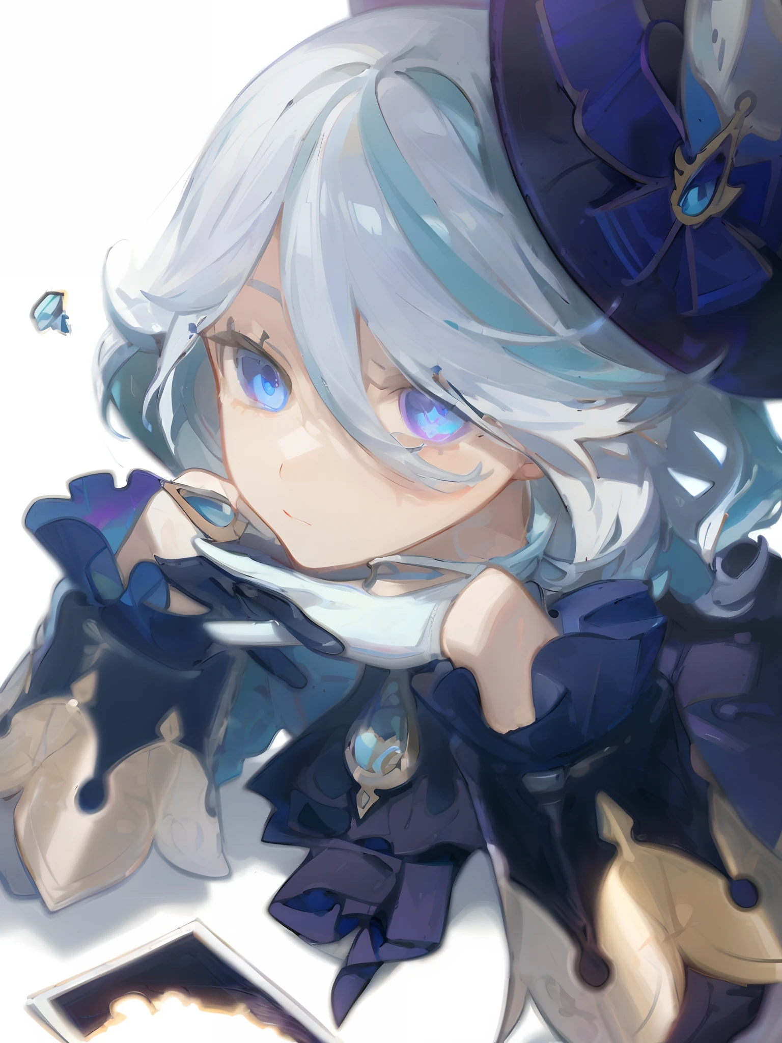 Genshin impact Focalors, White hair, has a blue hair, blue and light blue eyes, wearing a hat, holding a condom, opening his mouth to collect sperm from the condom, purple condom ,Solid white sperm, girl