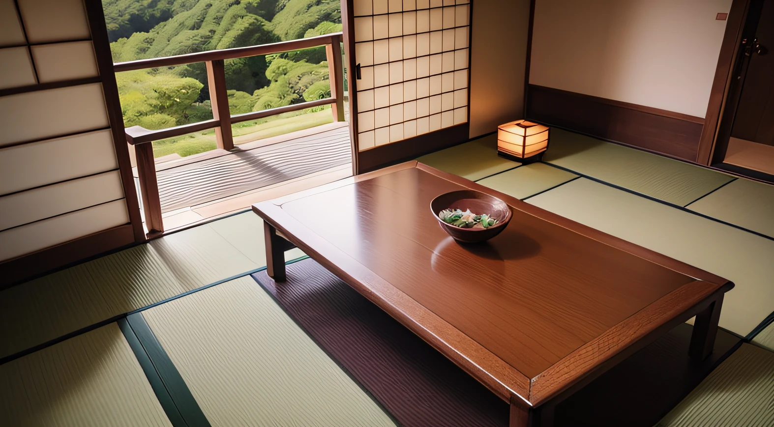 Ryokan is in a remote corner of Japan, nestled within a lush forest,bird eyes view