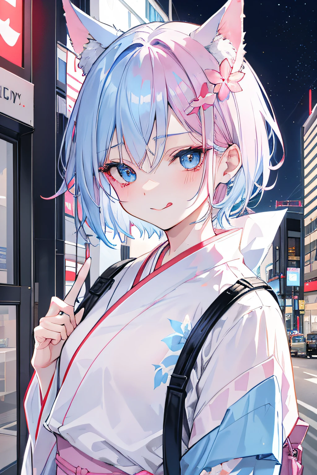 Adult male、 perfect eyes、face perfect、Pale pink and light blue gradient hair with blue eyes, Canine ears、red blush、tongue-out、Conspiracy look、The tattoo、Short hair stylist, , Top of the building, Night, Badass,Provocative facial expressions、grin、A delightful、Carry your backpack、healthy、Kimono