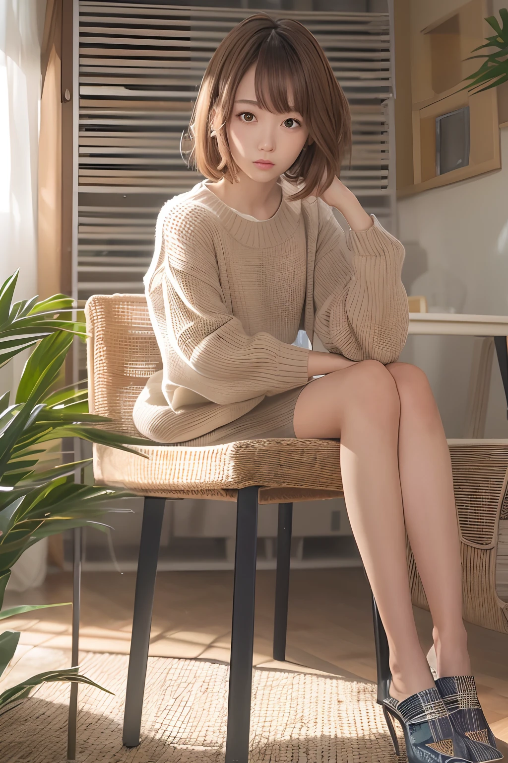 The background is inside the room、Sitting on a chair、cross one's legs、Beautiful feet、Thin thighs、thin ankles、Ass small、Hands folded behind the head、The figure is the whole body、Short length sweater、shortpants、Light brown hair color、Ponitil、Clear eyes、dual、26 year old、１７０CM、Bust is 83Cｍ、Beautiful Adult Woman