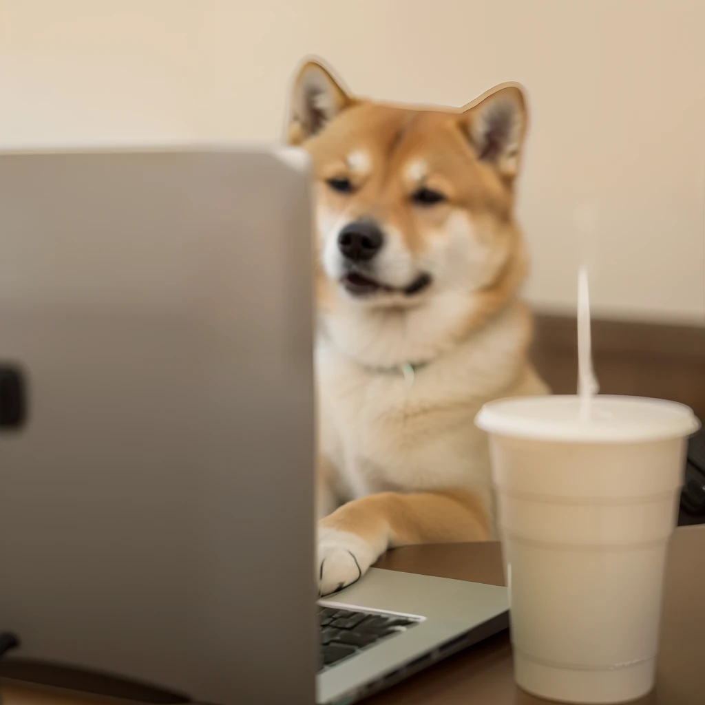 There is a dog sitting at a table drinking coffee, shibu inu, doge, anthropomorphic shiba inu, Shiba Inu, sitting in front of a computer, japanese dog, In front of a computer, Doge shark, inspired by Shiba Kōkan, shiba inu portrait, having a snack, deblur