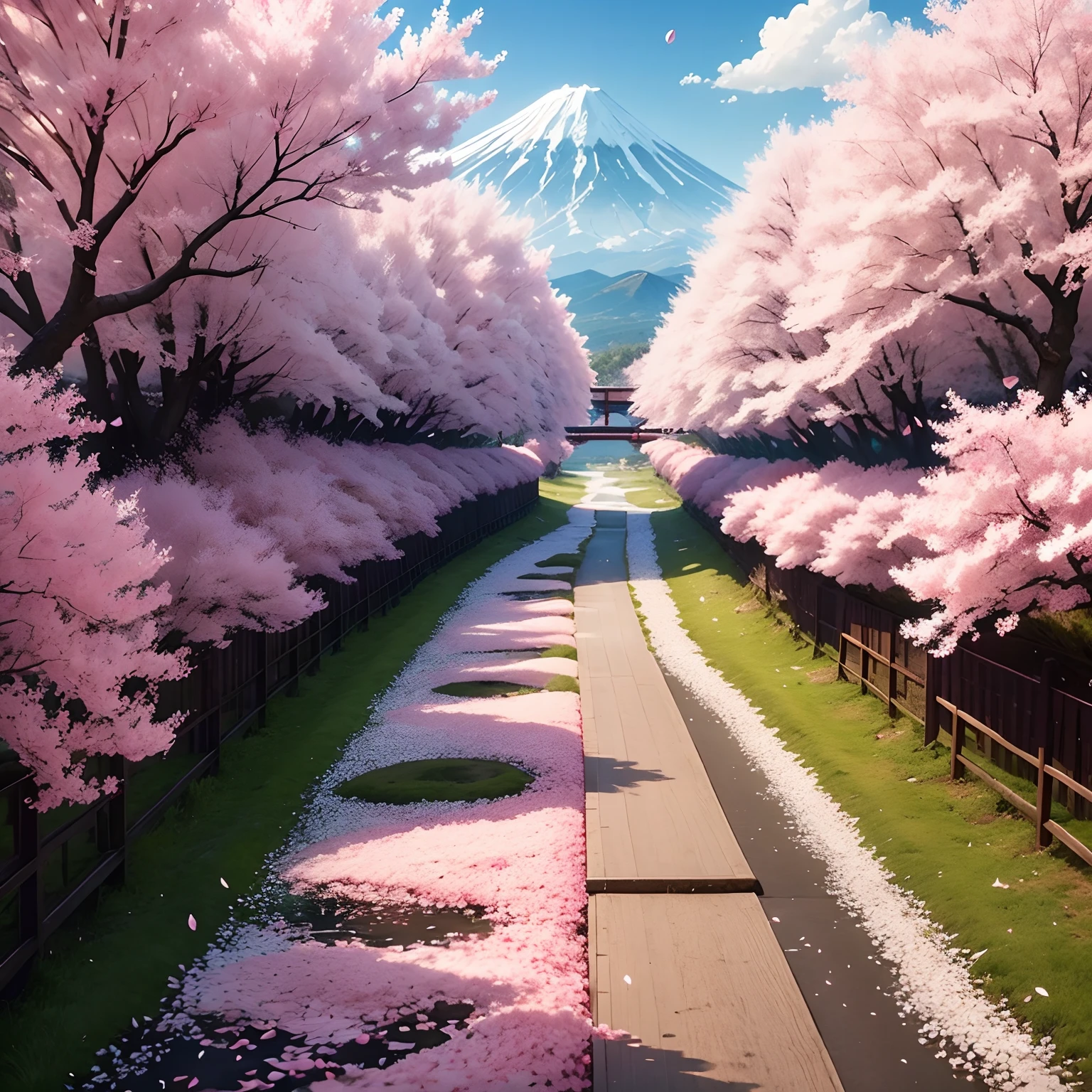 cherry trees、A path lined with flourishing cherry blossom trees、landscapes、Views with depth、pink there、Confetti、Mt fuji、falls、Fantastical
