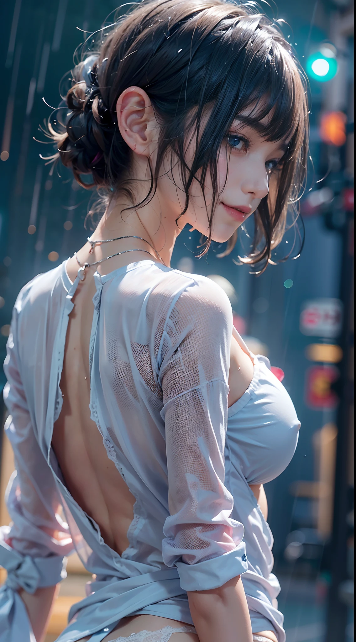 facing back, Super close-up of buttocks, blue-sky, Wet in the rain, The whole body is soaking wet, White shirt naked, pink color panties, panties small, No bra, Wet costumes are see-through, Modern cityscape, Smiling smile, (NSFW), 1womanl, 独奏, 24 year old, 7headed body, (Ideal ratio body proportions), (Composition from head to thigh), erectile nipple, Sexy body, Wet, short-hair, A dark-haired, small tits, A slender, Small buttocks, beauty legs, Skinny Legs, surrealism, Cinematic lighting, depth of fields, One-person viewpoint, F/1.8, 135 mm, nffsw, masutepiece, ccurate, ((Anatomically correct)), Textured skin, Super Detail, high details, High quality, awardwinning, Best Quality, hight resolution, 8K