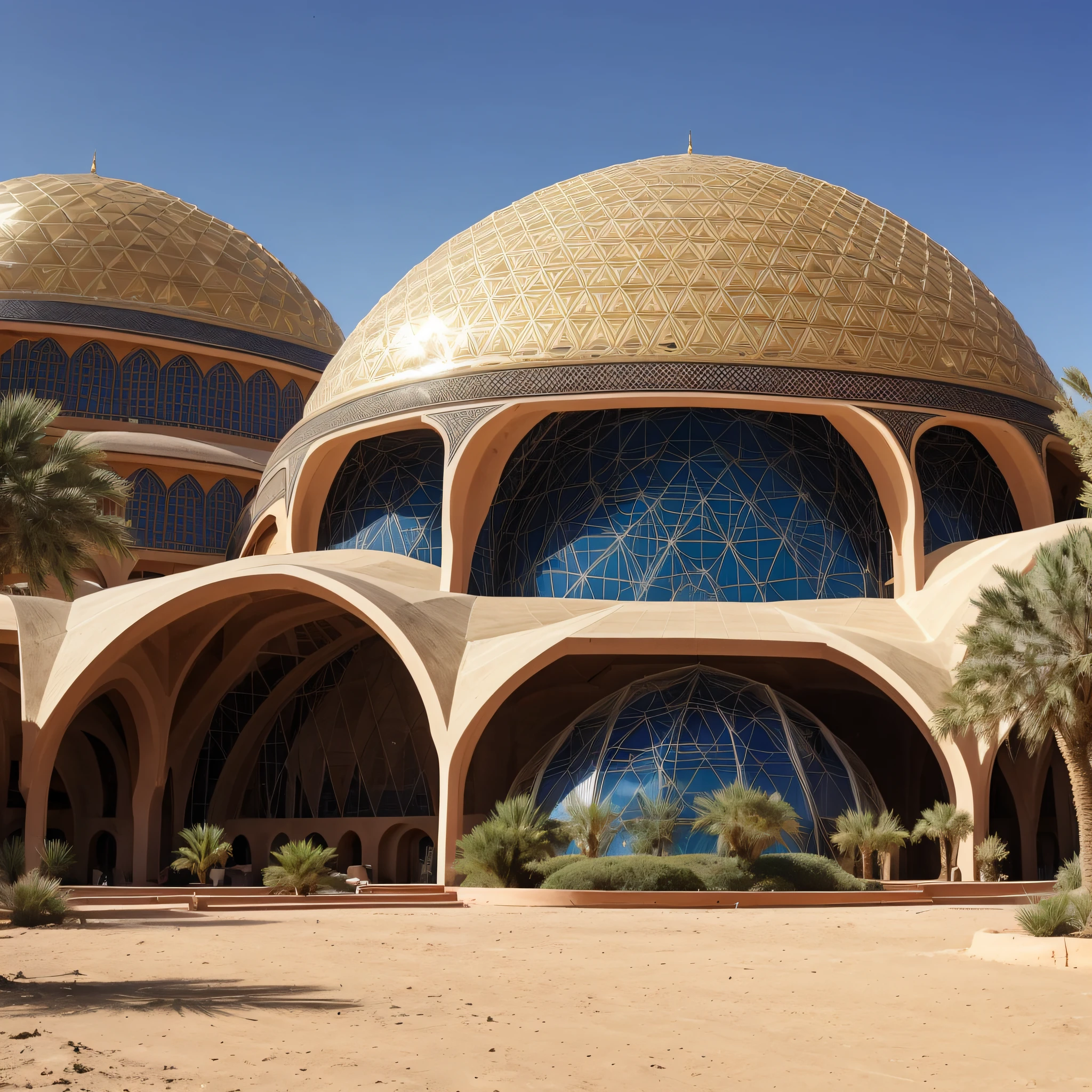 there is a large building with a large dome on top of it, hillside desert pavilion, dome, futuristic persian palace, geodesic building, futuristic church, dome of wonders, futuristic dome, geodesic architecture, alien architecture, in a futuristic desert palace, unique architecture!, huge futuristic building, futuristic marrakech morocco, futuristic marrakech, neo-andean architecture