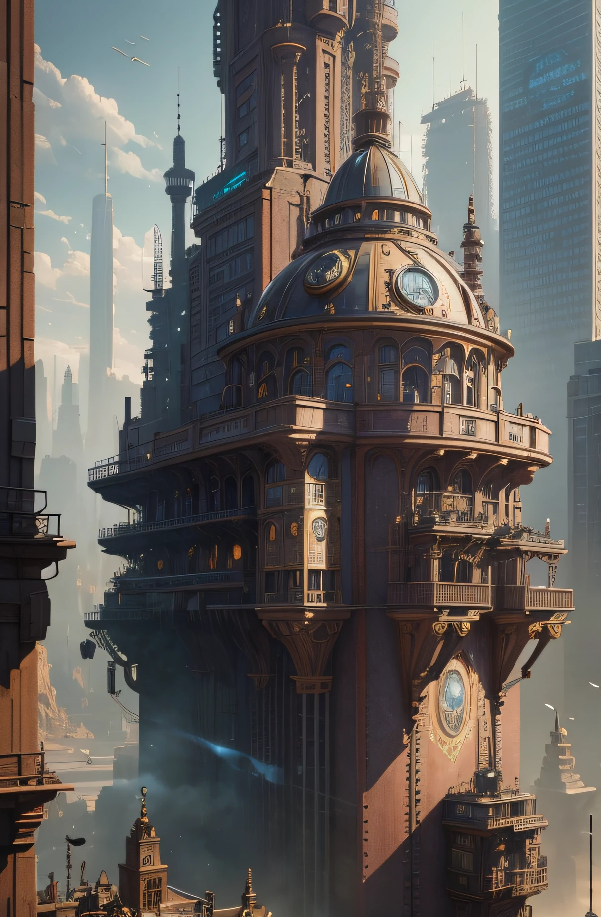 digital steampunk art, Cyber steampunk 8K 3D, steampunk digital art, Steampunk 3D rendering, steampunk concept art, Steampunk technique, Highly detailed 4K digital art, Portrait of a cyberpunk machine, Steampunk art, Beautiful cyberpunk woman face, detailed steampunk illustration, Master parts,best qualityer, Photorealist,Best shade,Delicate,..primitive,超高分辨率,ultra realistic art,Gallery-grade works,offcial art,Wallpaper mandatory,6.40,000,,super high precision,the visual stunning shock,Sublime masterpiece,Peak clarity,1 huge steampunk city,A high-rise building covered by huge mechanical equipment,Displays the comparison scene，Huge steampunk building,The surface is covered with complex gears and mechanisms,(Eyesight,Full view,full bodyesbian:1.2),(On the walls of urban steampunk,Handheld steam gun,Keep cities safe:1.2),steampunc,Spaceship,Steam robots,Cidade futuristica，Huge buildings and boats in the water, concept art inspired by Stephan Martinière, cgsociety contest winner, Fantasy art, solarpunk futuristic utopia, stuning fantasy 3 d render,