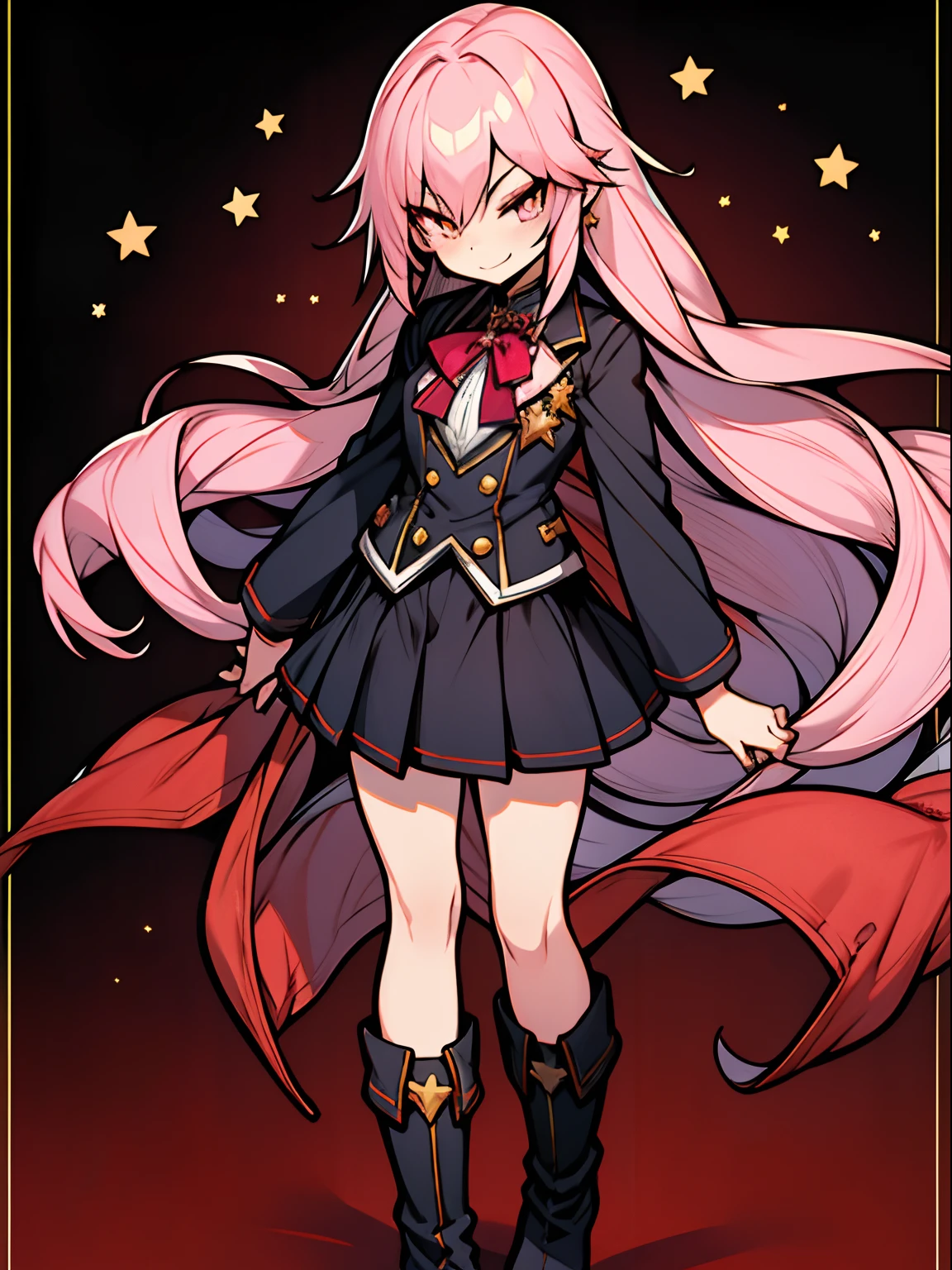 character sheet, Highly detailed and realistic CG, Colorful, Masterpiece, Best Quality, jewel-like eyes, 1girl, solo, pink hair, shiny hair, very long hair, slender, skinny legs, black school uniform, layered skirt, luxury boots, amber eyes, star-shaped pupils, smirk, standing, contrapposto, tsurime,