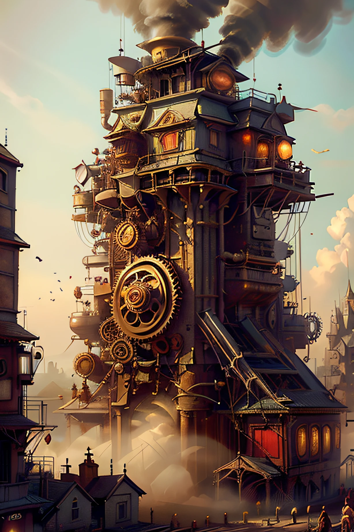 digital steampunk art, Cyber steampunk 8K 3D, steampunk digital art, Steampunk 3D rendering, steampunk concept art, Steampunk technique, Highly detailed 4K digital art, Portrait of a cyberpunk machine, Steampunk art, Beautiful cyberpunk woman face, detailed steampunk illustration, Master parts,best qualityer, Photorealist,Best shade,Delicate,..primitive,超高分辨率,ultra realistic art,Gallery-grade works,offcial art,Wallpaper mandatory,6.40,000,,super high precision,the visual stunning shock,Sublime masterpiece,Peak clarity,1 huge steampunk city,A high-rise building covered by huge mechanical equipment,Displays the comparison scene,Shrouded the city,Huge steampunk building,The surface is covered with complex gears and mechanisms,(Eyesight,Full view,full bodyesbian:1.2),(On the walls of urban steampunk,