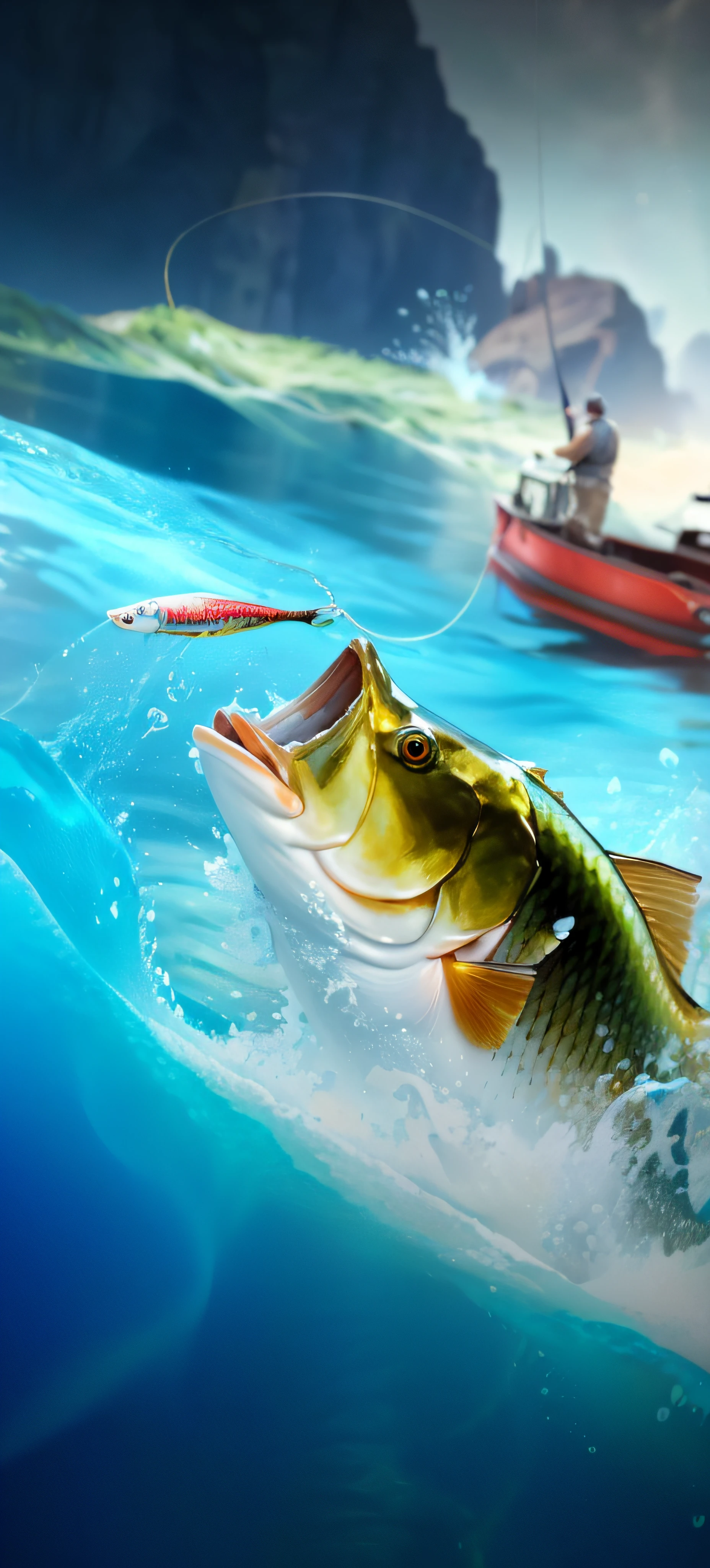 Fishing simulator with big fish and boat in the water, Big bass fishing, 3 d epic illustrations, Fishing, amazing photorealistic graphics, Beautiful digital artwork, background artwork, fish in the background, stunning digital illustration, detailed screenshot, Outstanding detail, A beautiful artwork illustration, Close-up Shot Shot, pc screenshot, medium close up shot, photorealistic illustration, official screenshot