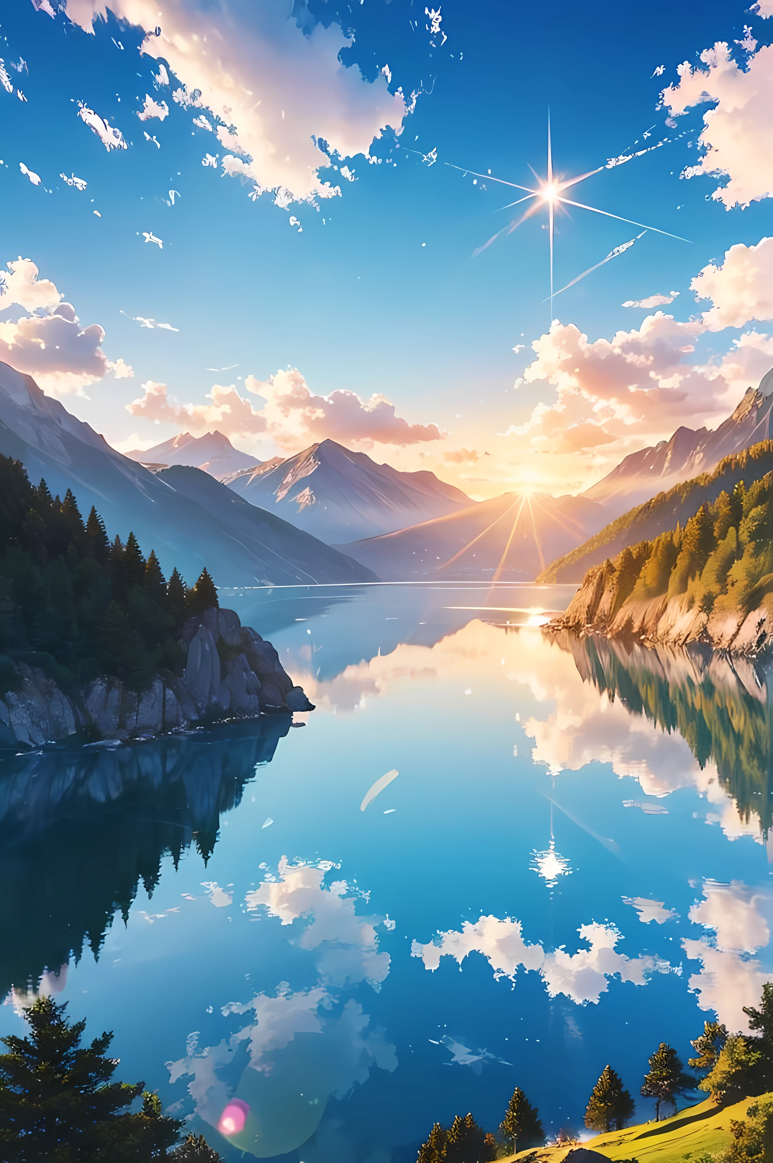 beautiful view, best scenery, ocean, blue sky, cloud, sun, reflection, sun flare, mountain, forest, realistic 1:2, mountain range, bird, peaceful landscape, calm view
