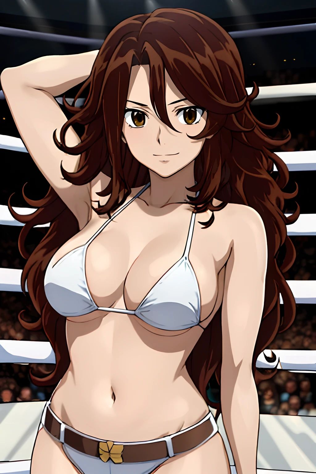 curvy belly, titration screen,, Elegant lady, (upper body only), anime style: 1.8, anime drawing, ultra detailed face, ultra detailed body, 4k, Sumergai Lee Noriega, (standing), best quality, anime style, hires, highest definition, digital blending, bold drawing lines, ((wwe diva), (location: wrestling arena, crowds watching), ( big shoulders, slim body, (wrestler body, thick arms, detailed biceps), , broad shoulders, closed fists, (very curvy: 2.8)), ((white bikini, only, white gloves, collar, hand protector, (champion belt on bare belly))), loser, defeated, sad, (pale skin, big breasts, smile), (big eyes, brown eyes), (clapping), ( brown hair, loose hair, curly hair, wavy hair, long hair, missy hair), 27 years old,