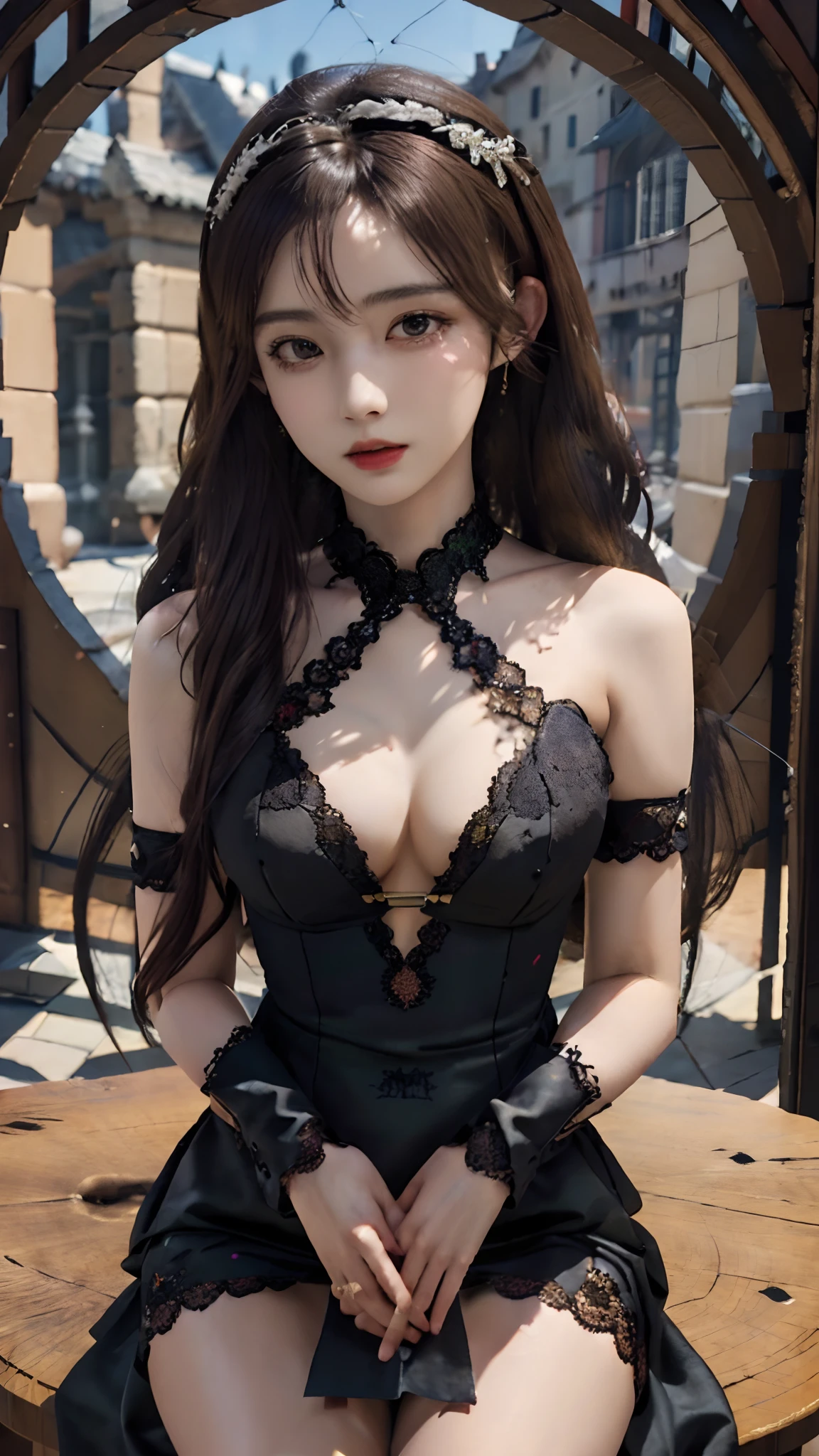 official art, unity 8k wallpaper, ultra detailed, beautiful and aesthetic, High quality, beautiful, masterpiece, best quality, 1 queen, small bust, (round bust:1.5) , (Long hair:1.5) , (zentangle, mandala, tangle, entangle:0.6) , (beautiful dress:1.2) , (black Lace:1.2) , (bare waist:1) , (thigh high:1.2) , (closed up:1.5) , attractive sitting poses,
