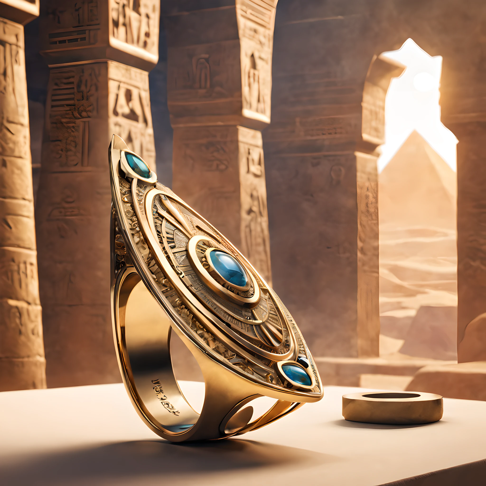 Composition: Craft a composition that transports viewers to the heart of ancient Egypt, a land where legends and history entwine. The focus should be on the metal ring, with an overall layout that exudes the mystique of the desert kingdom. Draw the observer into a world where history and mythology come to life.

Metal Ring: The metal ring takes center stage, portraying a relic of ancient Egypt's glory. It should be adorned with symbols and imagery that connect it to the legendary Sun God Ra. Employ Danbooru tags like "ancient_Egypt," "mythological_relic," and "Ra's_ring" to inspire the artist to create a ring that resonates with the divine and the historic.

Background: Immerse the metal ring within the rich tapestry of ancient Egypt. The backdrop should feature desert vistas, majestic pyramids, and the radiant glow of the Egyptian sun. Incorporate hieroglyphics, mysterious artifacts, and the grandeur of an era where pharaohs reigned. Utilize lighting effects to capture the ring's divine essence and its place within the sun-drenched civilization.

Style: Achieve a fusion of digital anime illustration and 3D CGI to bring the mysticism and history of ancient Egypt to life. Ensure the final image is of high resolution, enabling the intricate details of the ring and its surroundings to shine brilliantly, offering a window into an extraordinary epoch of human history.

Style: This artwork should seamlessly blend digital anime illustration with 3D CGI, resulting in a vivid and immersive experience. Employ advanced rendering techniques to ensure a high-resolution image, showcasing every nuance of the cybernetic phoenix's design and the futuristic world it inhabits.