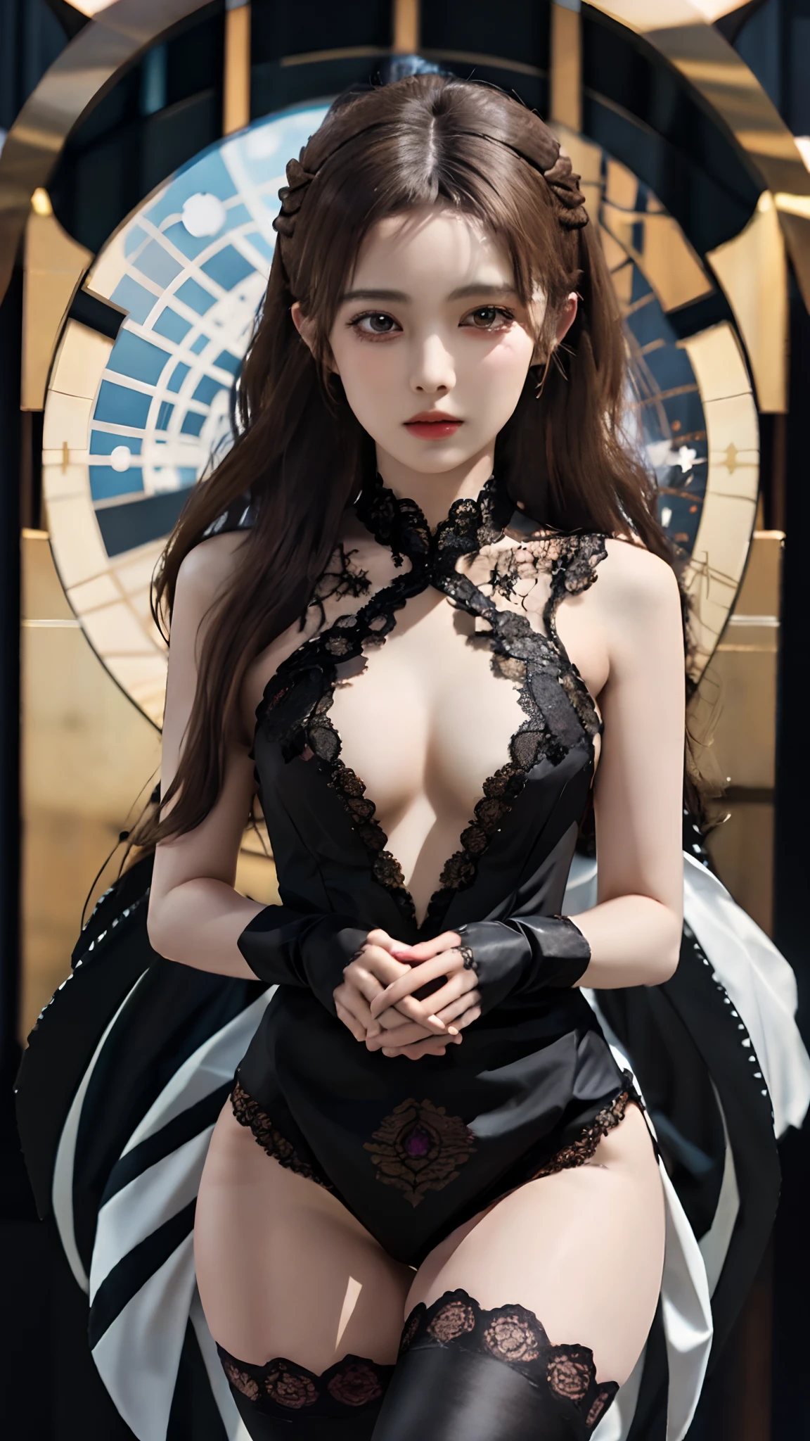 official art, unity 8k wallpaper, ultra detailed, beautiful and aesthetic, High quality, beautiful, masterpiece, best quality, 1 queen, small bust, (round bust:1.5) , (Long hair:1.5) , (zentangle, mandala, tangle, entangle:0.6) , (beautiful dress:1.2) , (black Lace:1.2) , (bare waist:1) , (thigh high:1.2) , (closed up:1.5) , love poses,
