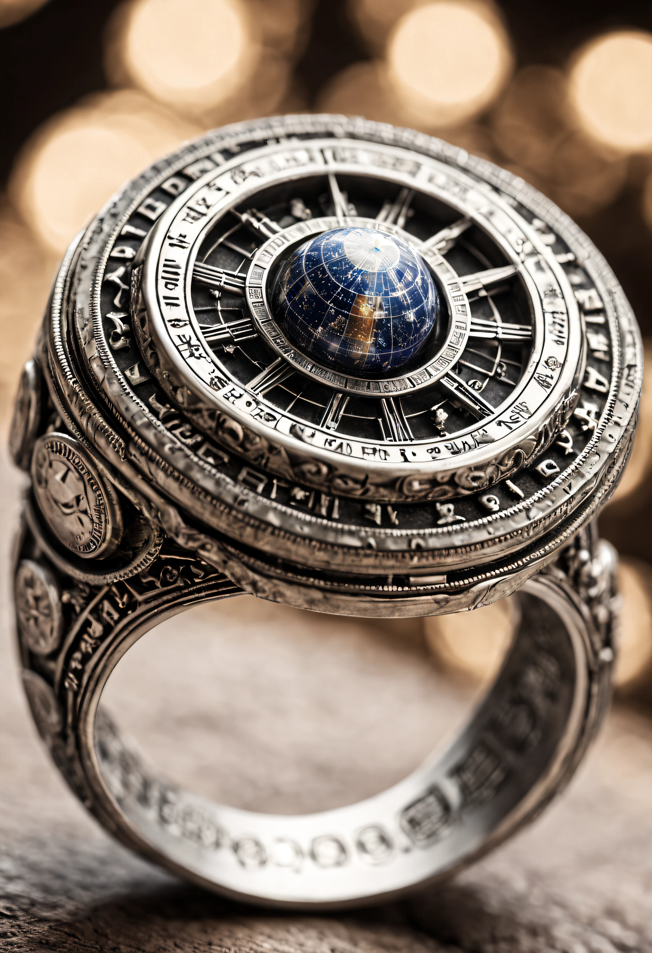 Majestic finger ring (astronomical sphere) in silver. astronomical symbol, ring-shaped astronomical instrument, consisting of five rings. The main ring corresponds to the celestial equator represented by the signs of the Zodiac. Two other rings correspond to the meridian axis and the longitude axis. Detailed artwork, (16k, best quality, Hdr, best resolution: 1.4, RAW photography), bokeh, realistic photography.