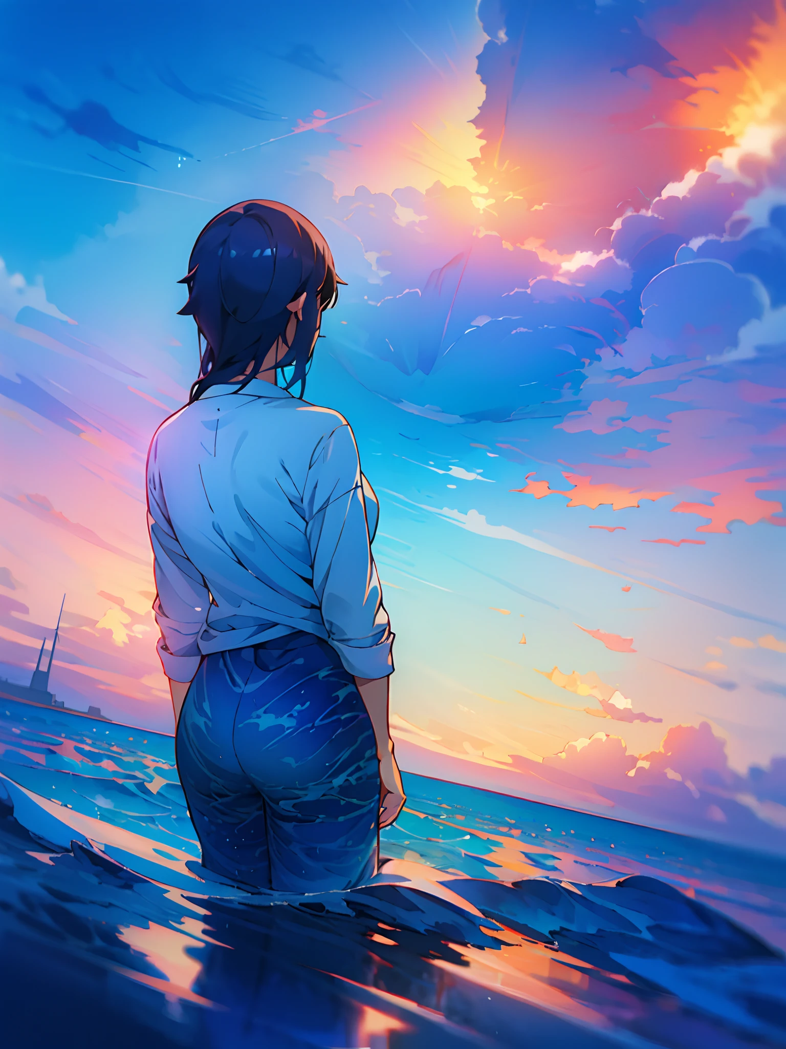 Anime girl looking at fish on blue ocean with sky background, Makoto Shinkai Cyril Rolando, Inspired by Cyril Rolando, wallpaper anime blue water, magical ocean, Blue sea. By Makoto Shinkai, cyril rolando and goro fujita, standing under the sea, Beautiful anime artwork, Cosmos Sky. By Makoto Shinkai, beautiful anime scenes