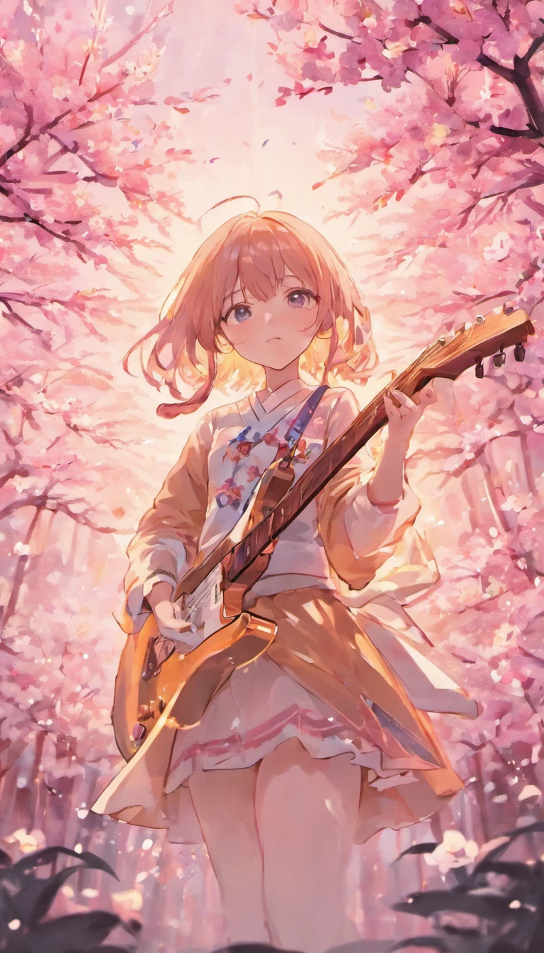 Girl playing guitar，The upper part of the body，one-girl，Under the cherry blossom trees，Fluttering cherry blossoms，On stage，Clear lines，low-saturation，pale-blue( reasonable design, Clear lines, High sharpness,Best quality, Very detailed, Masterpiece, movie light effect, 4K )