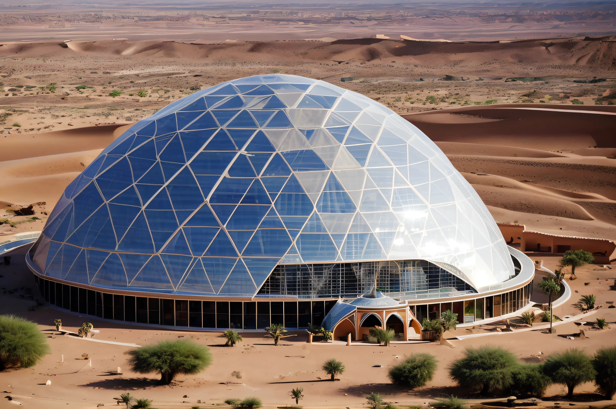 there is a large building with a large dome on top of it, hillside desert pavilion, dome, futuristic persian palace, geodesic building, futuristic church, dome of wonders, futuristic dome, geodesic architecture, alien architecture, in a futuristic desert palace, unique architecture!, huge futuristic building, futuristic marrakech morocco, futuristic marrakech, neo-andean architecture