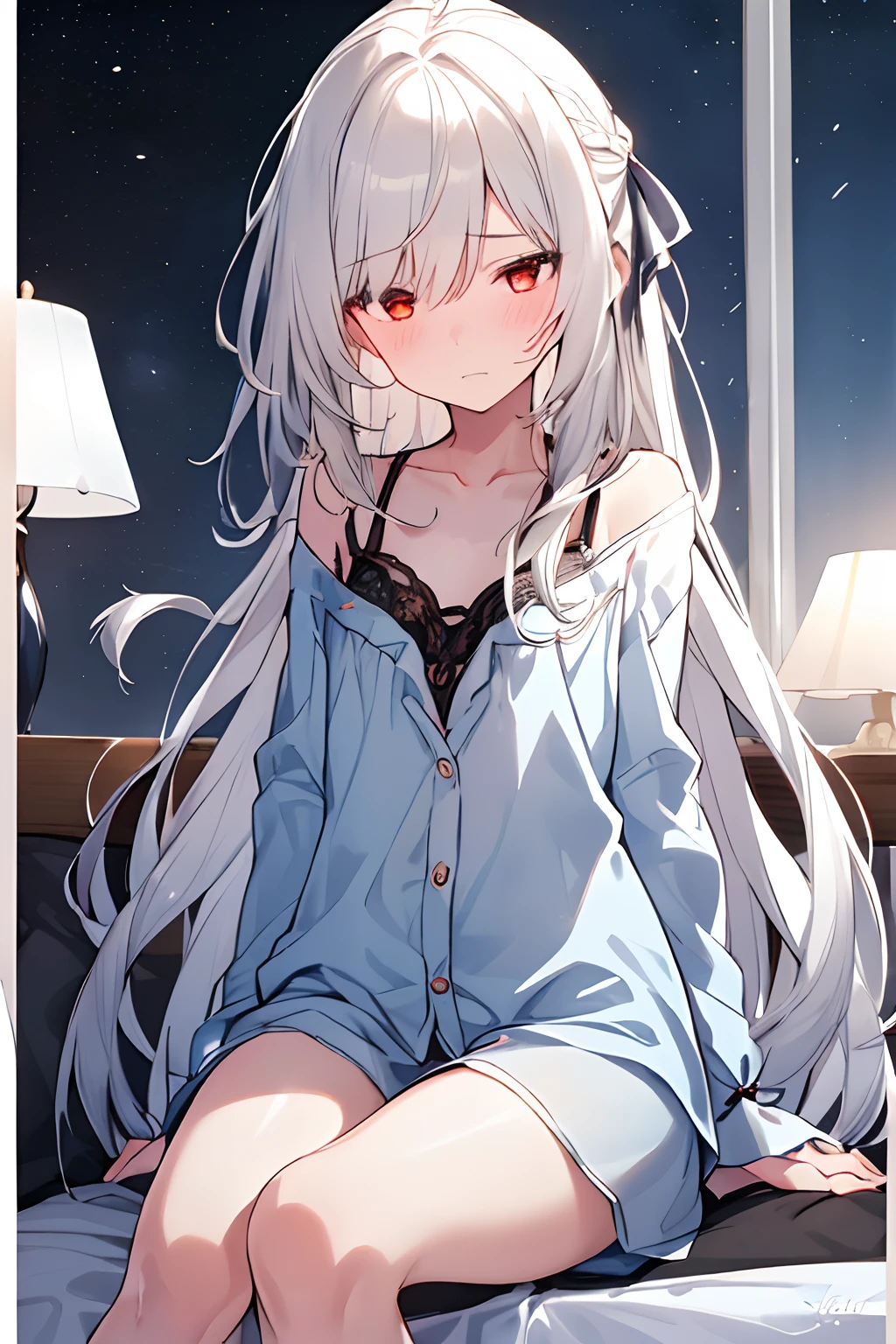 (Mature and charming girl:1.4), Solo, full bodyesbian, Sitting, Dynamic Angle, White hair, Flat chest, frilld, 3yo, Brown hair, Long hair, Night, Starry sky, Dark, Sleepy, Want to sleep, Red eyes, Covered breasts,Shy, Blushing A girl in pajamas seductively poses, with a shy expression on her face, in a bedroom setting, The composition should exude a blend of sensuality and innocence, The background should be visually captivating,Permeable pajamas, Lace pajamas,