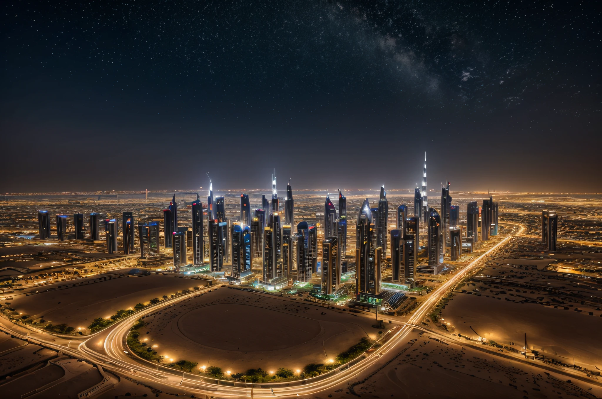 (best quality,16k,highres,masterpiece:1.2),ultra-detailed,realistic,photorealistic:1.37,Dubai architecture style,dramatic desert,dark night,star-filled sky,gloomy,majestic,super-realistic,details-rich,accurate,high resolution,vivid colors,studio lighting,bokeh