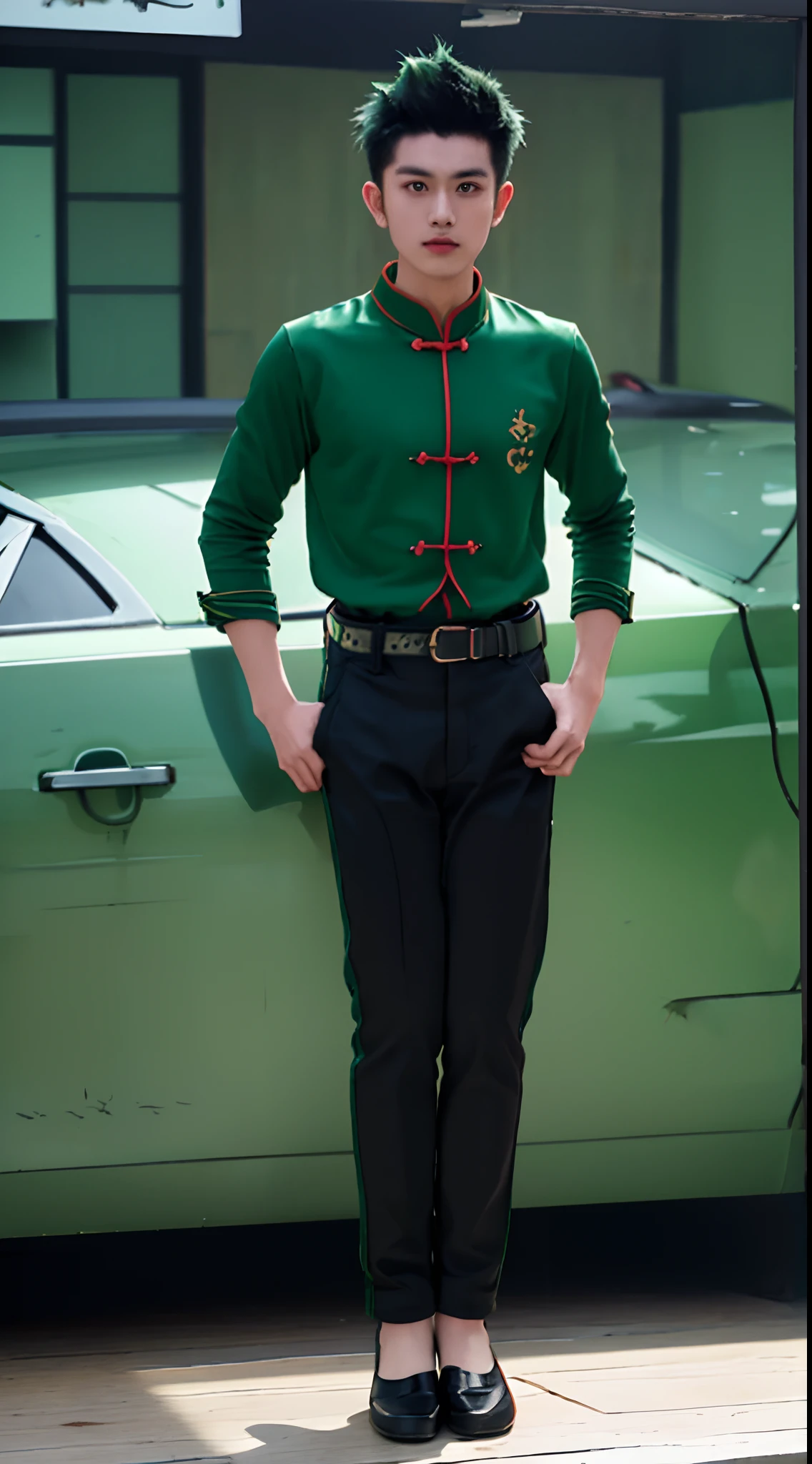gon_freecss, (masterpiece, best quality:1.4), (full body:1.5), (standing:1.5),1boy, solo, male focus, looking at viewer, Realism-10, 8k, black and green hair, green kungfu shirt, strong hand, black pant, black chinese kungfu shoe