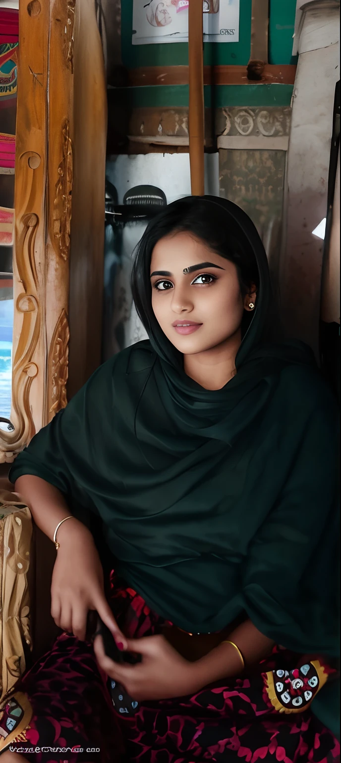 Fair and beautiful ,stunning ,curvy 18 year old Indian Muslim woman wearing a dark pink hijab and dark maroonish puce abaya frock with embroidery showing cleavage low neckline in depth of field apartment interior background , medium close up shot , shot on iphone 13 , professional photo , no makeup
