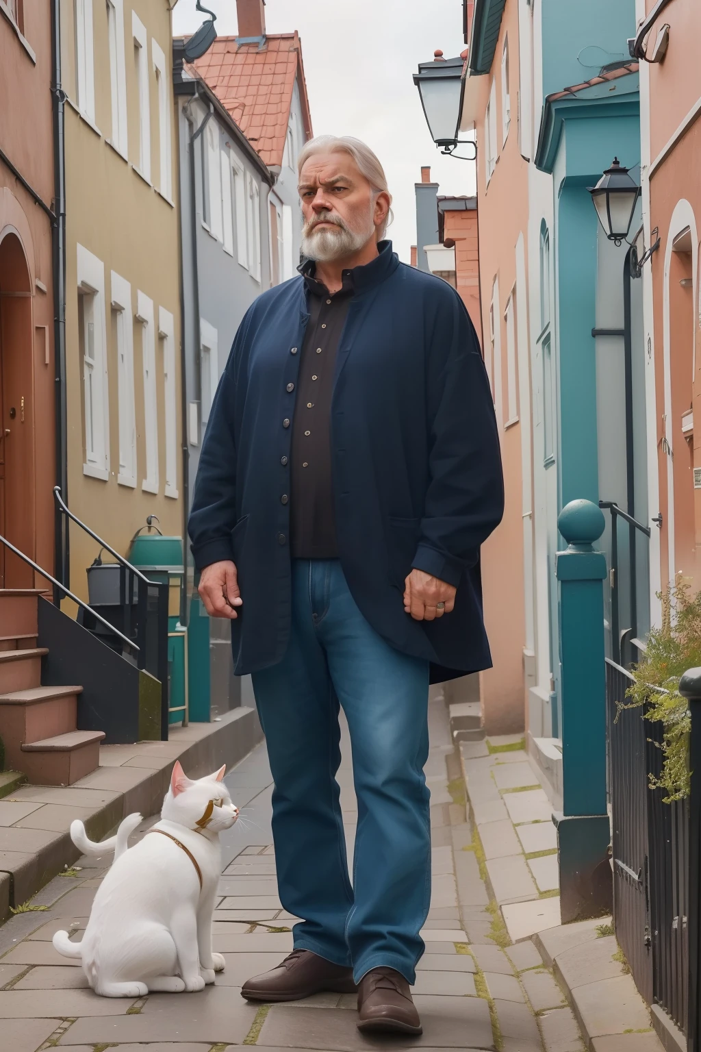 year: 2023. Location: Sweden. Pre-Raphaelite, 59-year-old man, ((grumpy)), ((uptight)), watching a cat, standing in the street, terraced houses, ((((Clothing from the 2020s)))) ((Hairstyle of the 2020s)), pastel colors, (((cinematic style)))