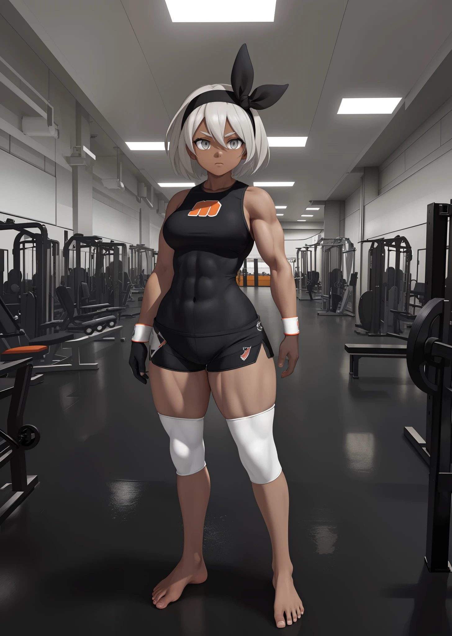 [Bea], [Pokemon], ((masterpiece)), ((high quality)), ((HD)), ((detailed shading)), ((beautiful solo portrait)), ((full body)), ((anime)), {attractive woman, (dark skin, short white hair, (beautiful light-grey eyes), (thicc thighs), (gorgeous hips), (beautiful muscular legs), (beautiful feet), (defined muscles), (expressionless)}, {(black bodysuit), (black spandex shorts), (single glove), (headband), (white knee pads), (barefoot)}, {(standing), (arms at sides), (looking ahead)}, [background; (gym), (ceiling lights), (ambient lighting)]