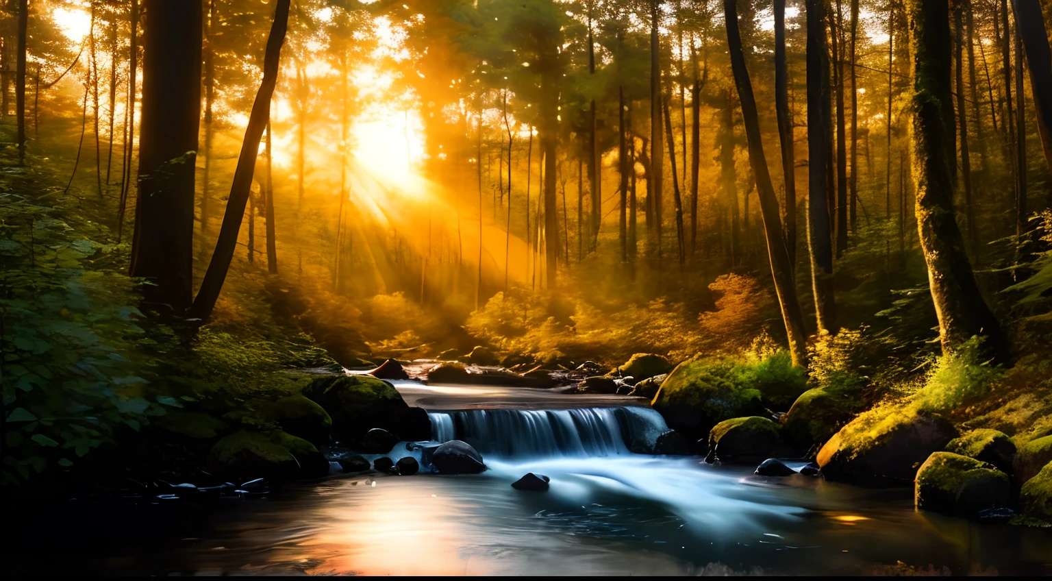 It is a beautiful sunset, in the middle of the forest, in the distance there is a man hunting, light falls through the gap in the woods, and a small stream flows, fish leap out of the water, clear picture, best quality, realistic texture, high resolution, detailed background depiction, beautiful atmosphere, Bauhaus art, mystery, beauty.