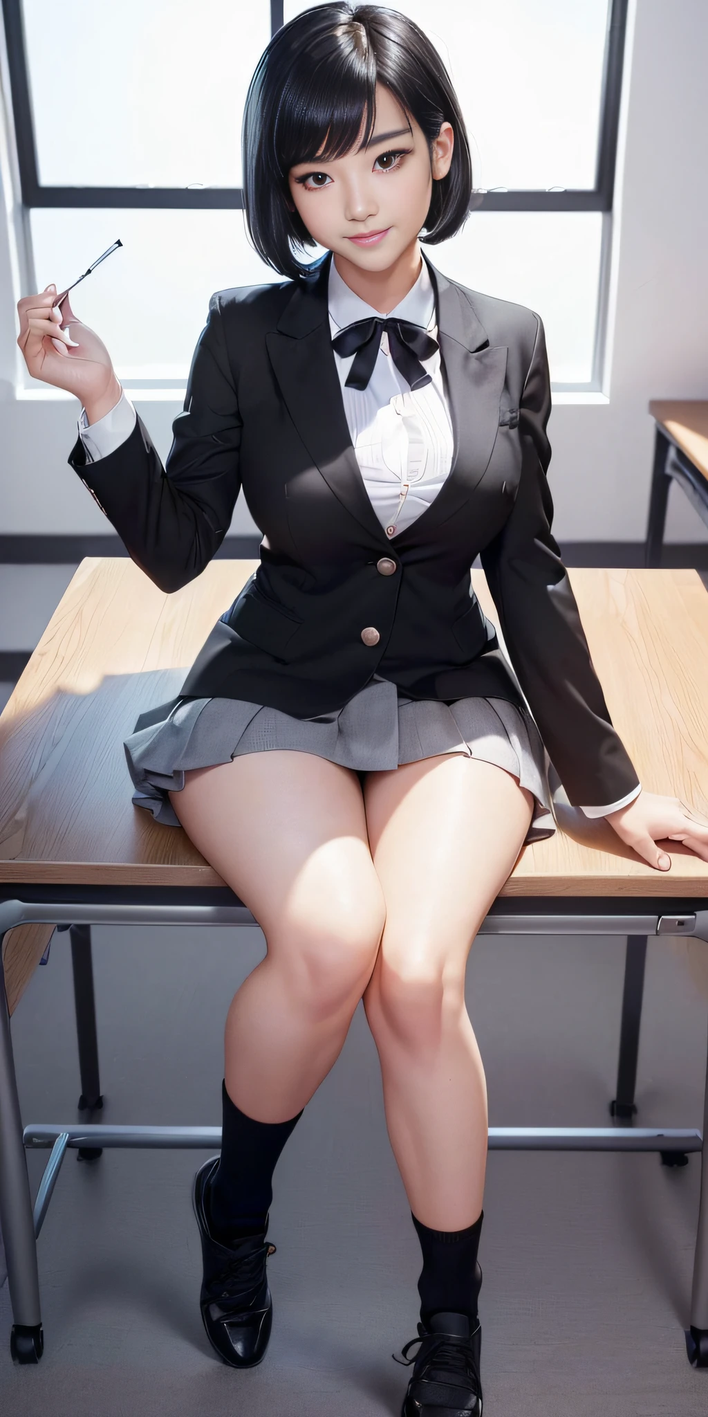realistic style woman, (aegyo sal: 1), 18 year old girl, (gray blazer, ribbon, folded miniskirt, socks, private school uniform: 1.2), high school classroom, beautiful detail in the eyes, (size of the eyes : 3/4) light on the face, ((full body photo: 1.2)), especially strong light, (top of the eyes, smiling smile: 1.2), shiny skin, (((black hair, bob hair: 1.2 ))), (thick thighs), ulzzang-6500-v1.1: 0.2, shy, (flash: 1.2), NSFW, (puffed), ((seductive posture: 1.2, attractiveness: 1.2)), (idle), (sitting at a desk in the classroom: 1.2)), ((good anatomy: 1.2)), ((bright and refreshing classroom, blurred background: 1.2)), perfect face, cute and symmetrical face, (Photo high angle: 1.2 )s., Natural side lighting, ((8k, RAW photos, maximum quality, masterpieces), RAW high definition color photos, professional close-up photos, (realistic, photorealism: 1.37) , (highest quality), (best shadows), (best illustrations), Clavicles ((large)), ((erotic, sexy, ultra high resolution, HD 8K unified CG wallpapers, physical representation, movie lighting), Canon EOS R50 camera, 50mm lens
