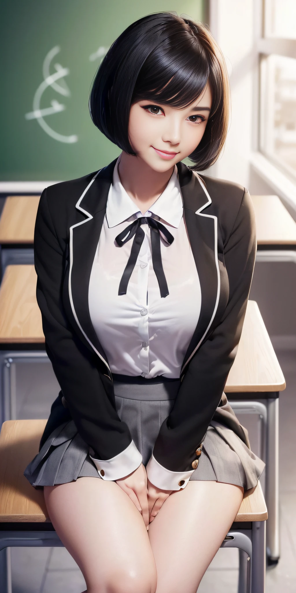 realistic style woman, (aegyo sal: 1), 18 year old girl, (gray blazer, ribbon, folded miniskirt, socks, private school uniform: 1.2), high school classroom, beautiful detail in the eyes, (size of the eyes : 3/4) light on the face, ((full body photo: 1.2)), especially strong light, (top of the eyes, smiling smile: 1.2), shiny skin, (((black hair, bob hair: 1.2 ))), (thick thighs), ulzzang-6500-v1.1: 0.2, shy, (flash: 1.2), NSFW, (puffed), ((seductive posture: 1.2, attractiveness: 1.2)), (idle), (sitting at a desk in the classroom: 1.2)), ((good anatomy: 1.2)), ((bright and refreshing classroom, blurred background: 1.2)), perfect face, cute and symmetrical face, (Photo high angle: 1.2 )s., Natural side lighting, ((8k, RAW photos, maximum quality, masterpieces), RAW high definition color photos, professional close-up photos, (realistic, photorealism: 1.37) , (highest quality), (best shadows), (best illustrations), Clavicles ((large)), ((erotic, sexy, ultra high resolution, HD 8K unified CG wallpapers, physical representation, movie lighting), Canon EOS R50 camera, 50mm lens