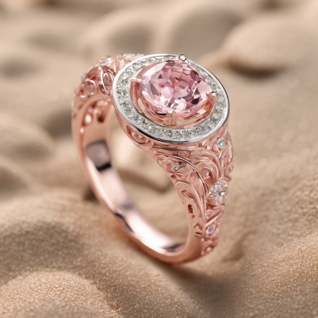 Raised hemispherical shaped ring,Sparkling pink diamonds,Exquisite craftsmanship,detailed carvings,Soft lighting,Gorgeous textures,macro photography,beach sand background