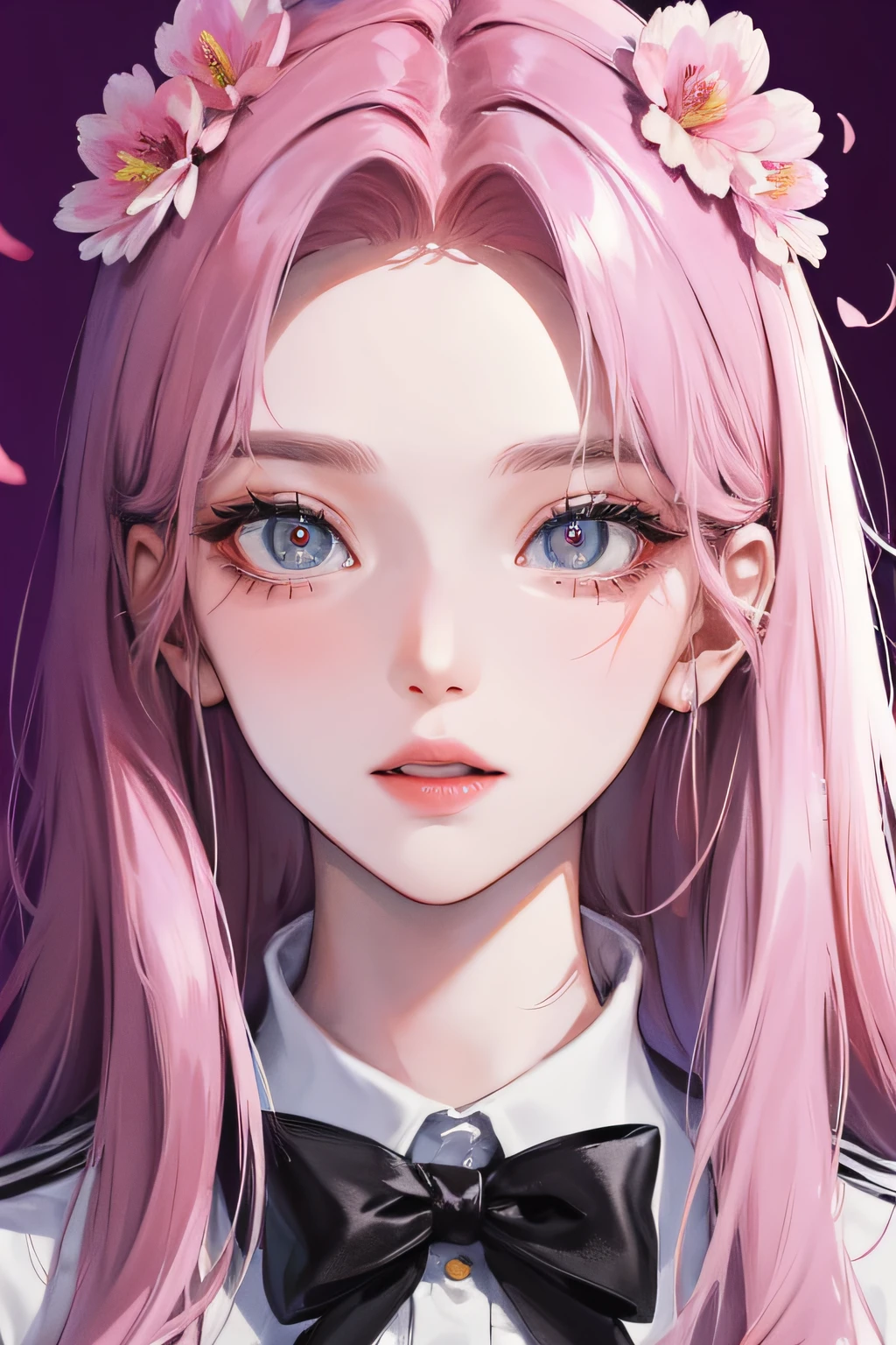 8K, Masterpiece, Best quality, Night, full moon, 1 girl, Korean style, Mature woman, sister, pink long haired woman, Long hair, Light pink lips, calm, logical, bangs, Gray pupils, wearing a pink flower on the head, Flower background, petal dancing, Delicate face, Close up, face zoom, Detailed face, Detailed eyes, view the viewer, close to viewer