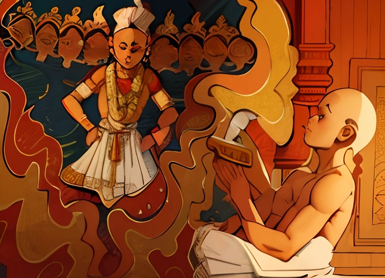one 15 years old bald indian devotee ???, white dhoti, sitting in temple, praying, 2d art, toony, masterpiece, side view, shot from side, great proportion, ((detailed body)), ((detailed head))