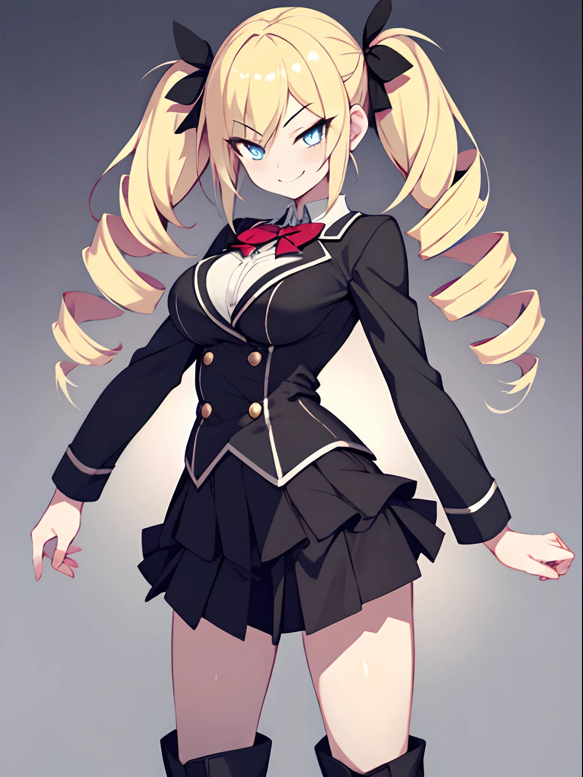 Highly detailed and realistic CG, Colorful, Masterpiece, Best Quality, jewel-like eyes, 1girl, solo, blond hair, shiny hair, long twintails, drill hair, slender, skinny legs, black school uniform, layered skirt, luxury boots, amber eyes, bursting breasts, smirk, standing, contrapposto, tsurime, monochrome background,