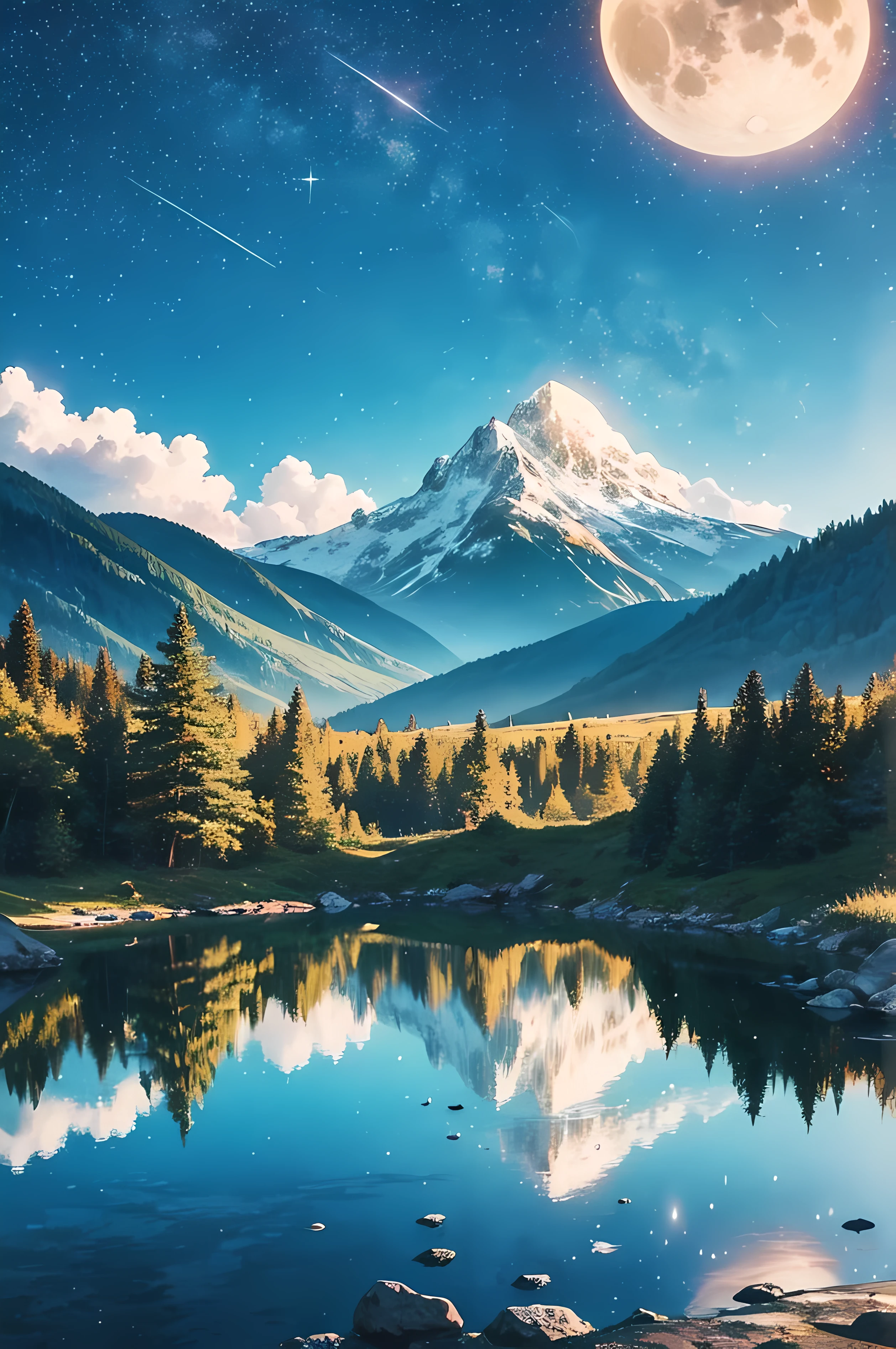 beautiful view, best scenery, ocean, starry sky, cloud, moon, night, star light, reflection, star, mountain, forest, realistic 1:2, mountain range, bird, peaceful landscape, calm view