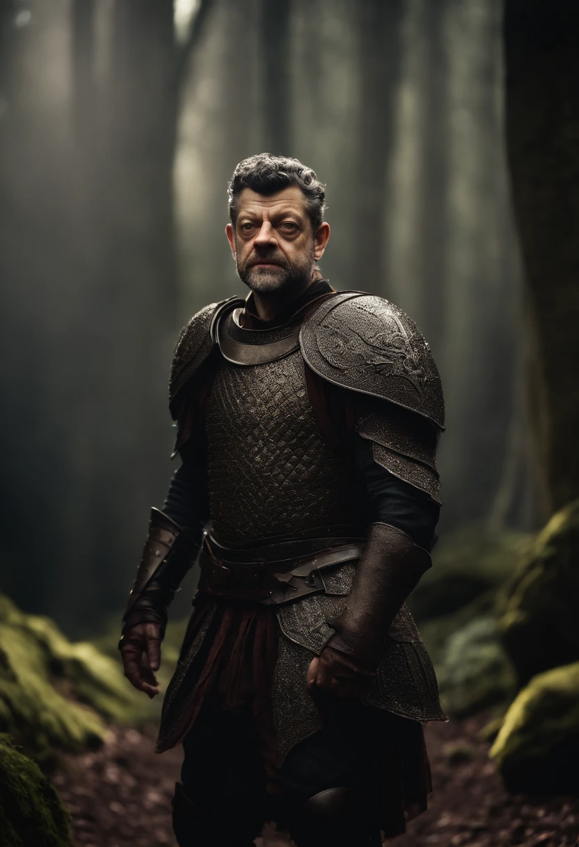 Portrait of a fantasy character. ((Andy Serkis)), head of night guard, light plate armour, fantasy setting