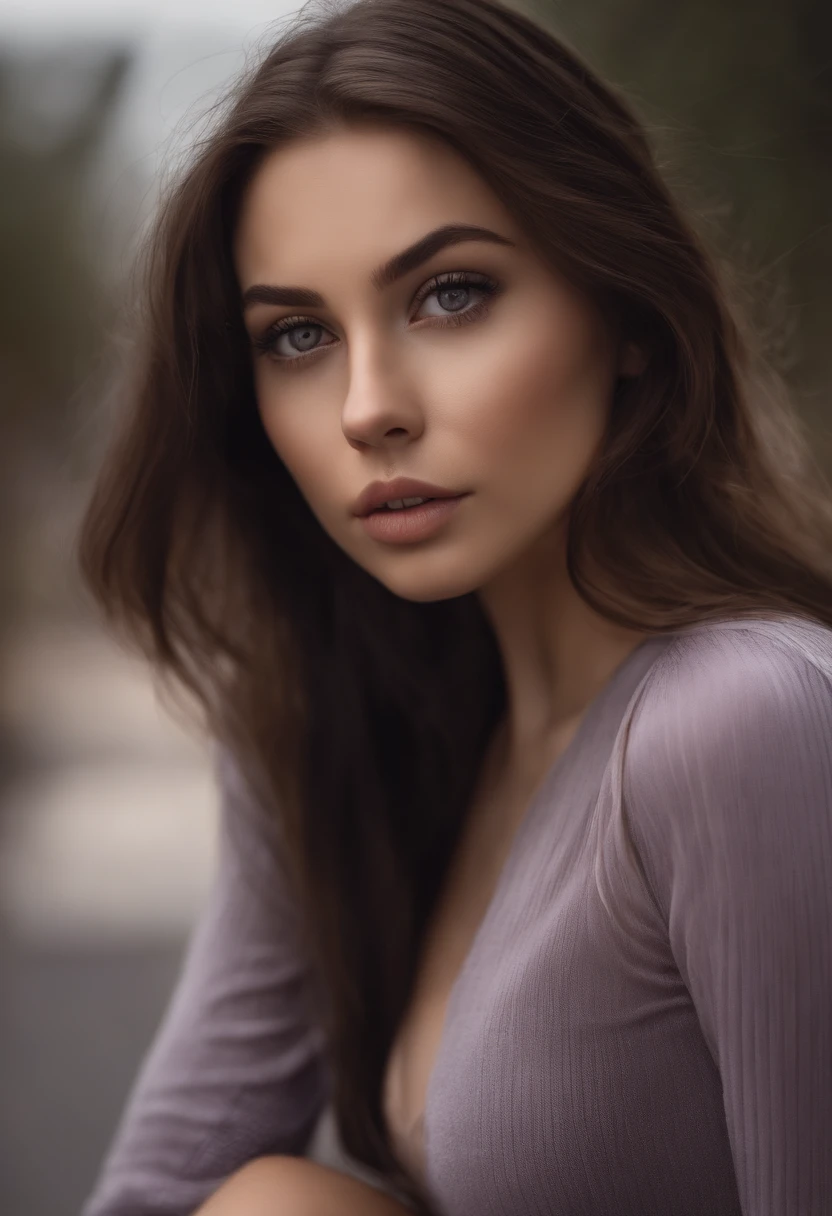 Arafed woman in full , Sexy girl with brown eyes, ultra realistis, Meticulous detail, portrait sophie mudd, dark hair and big eyes, selfie of a young woman, bedroom eyes, violet myers, no makeup, natural makeup, looking straight at camera, face with artgram, fine makeup, Stunning full-length shot, kneeling on the asphalt, in the city, bust medium, Naked, Bare Tits,; ; ;