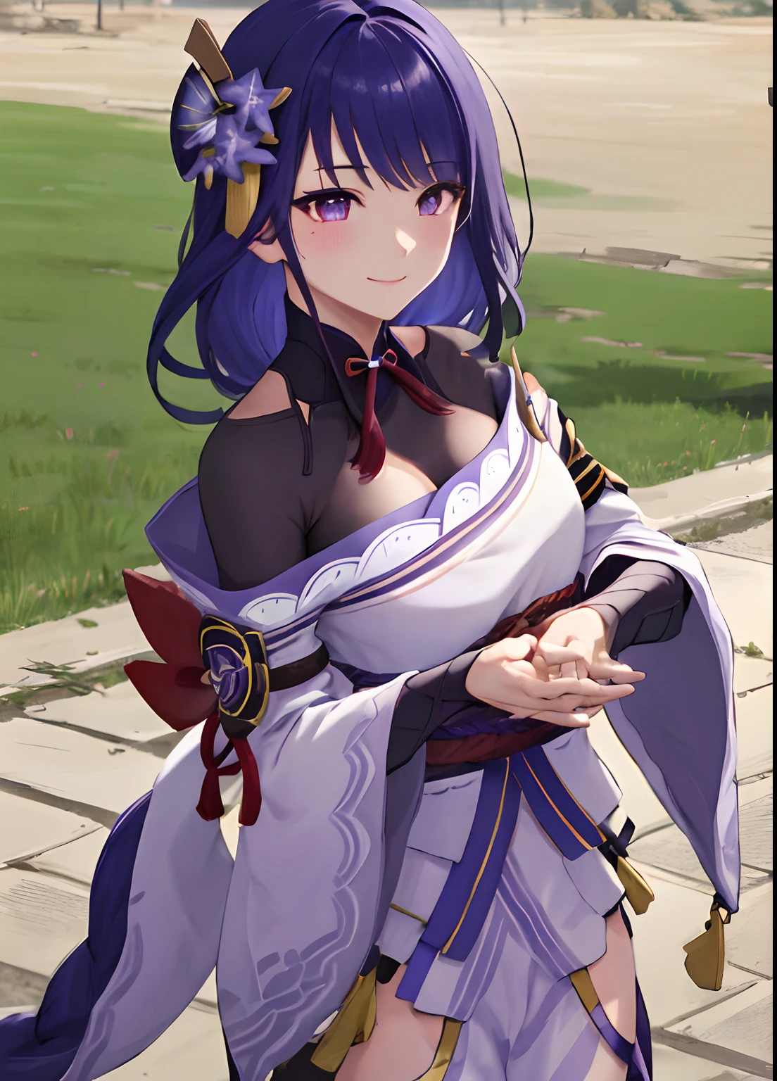 masterpiece, best quality, raidenshogundef, solo, ,
 smile, standing, :o, (open clothes), medium breasts, nipples, meadow,