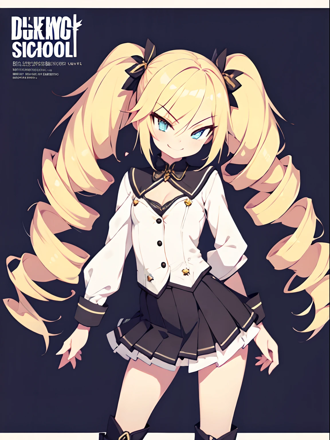 character sheet, Highly detailed and realistic CG, Colorful, Masterpiece, Best Quality, jewel-like eyes, 1girl, solo, blond hair, shiny hair, long twintails, drill hair, slender, skinny legs, black school uniform, layered skirt, luxury boots, amber eyes, flat chest, cleavage cutout, smirk, standing, contrapposto, tsurime, monochrome background,