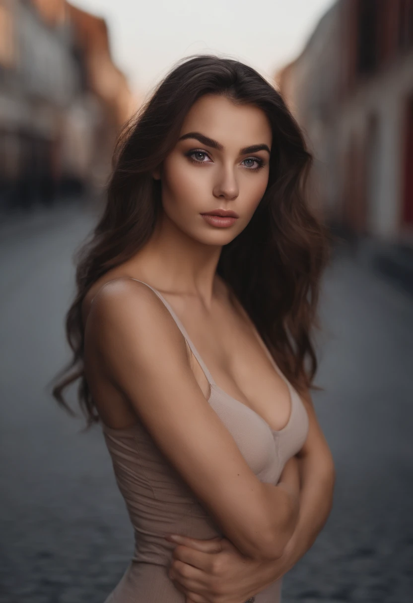 Arafed woman in full , Sexy girl with brown eyes, ultra realistis, Meticulous detail, portrait sophie mudd, dark hair and big eyes, selfie of a young woman, bedroom eyes, violet myers, no makeup, natural makeup, looking straight at camera, face with artgram, fine makeup, Stunning full-length shot, kneeling on the asphalt, in the city, bust medium, Naked, bare breast,; ; ;