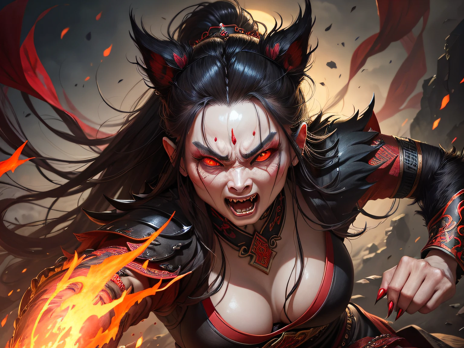 An ancient Chinese woman with a ferocious face, red eyes, beast-like fangs, and pointed nails, looks very scary, realistic style