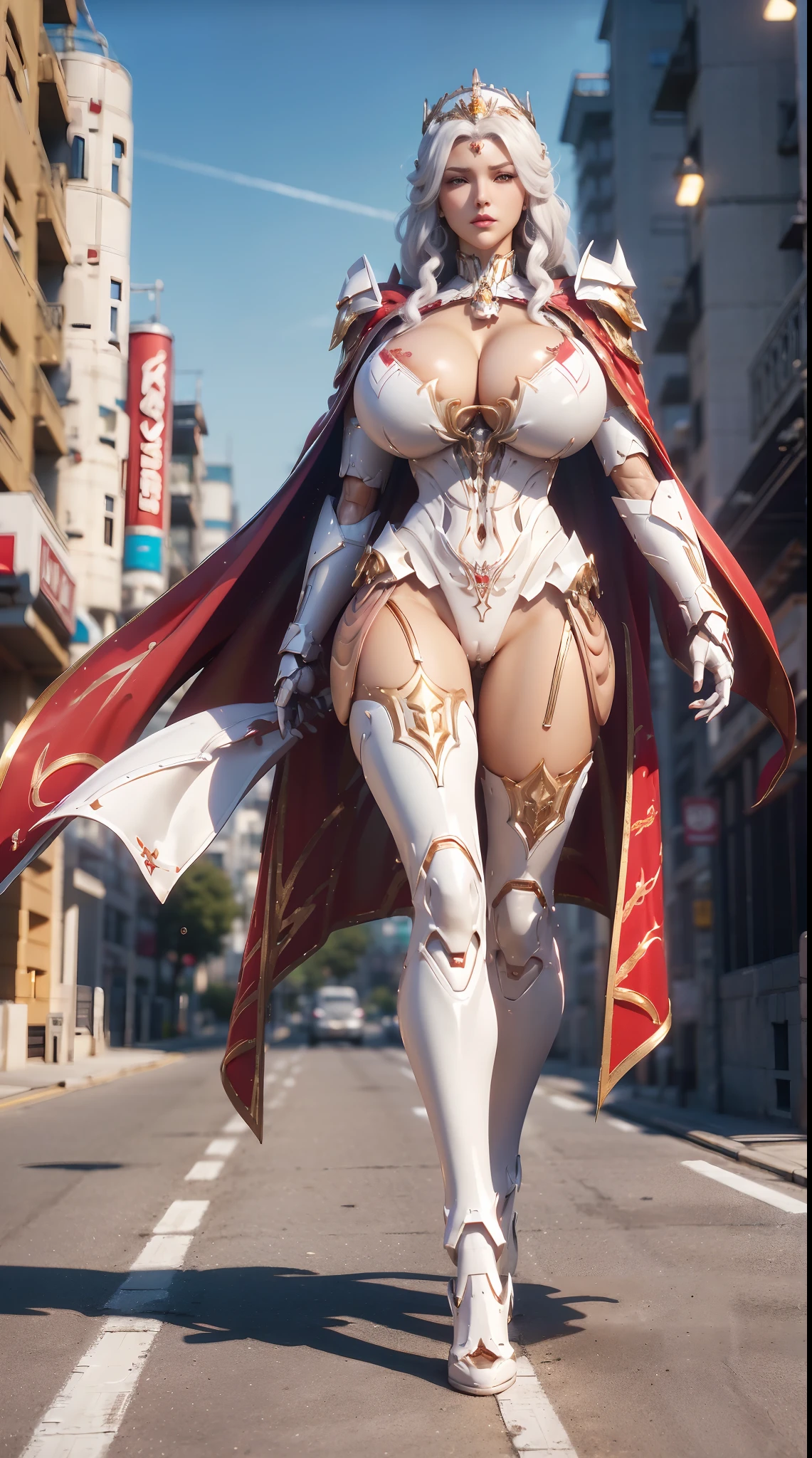 1GIRL, SOLO, (white hair whith crown), (HUGE FAKE BOOBS:1.3), (GUARD ARM, GLOVE), IMMORTAL, (white, red, gold, FUTURISTIC MECHA ARMOR SUIT, ROYAL CAPE, CLEAVAGE:1.5), (SKINTIGHT YOGA PANTS, HIGH HEELS:1.2), (NSFW GLAMOROUS BODY, SEXY LONG LEGS, FULL BODY:1.3), (FROM FRONT, LOOKING AT VIEWER:1), (WALKING DOWN ON STREET NIGHT CITY:1.3), PHYSICALLY-BASED RENDERING, ULTRA HIGHT DEFINITION, 8K, 1080P.