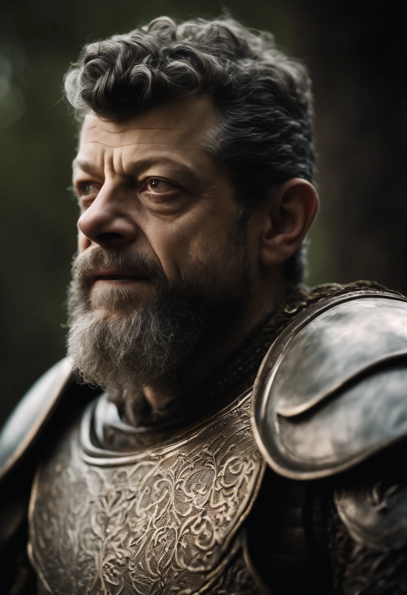 Portrait of a fantasy character. ((Andy Serkis)), head of night guard, light plate armour, fantasy setting, white shirt under armour