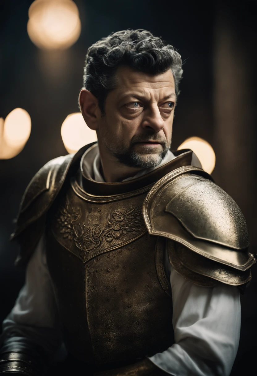 Portrait of a fantasy character. ((Andy Serkis)), head of night guard, light plate armour, fantasy setting, white shirt under armour