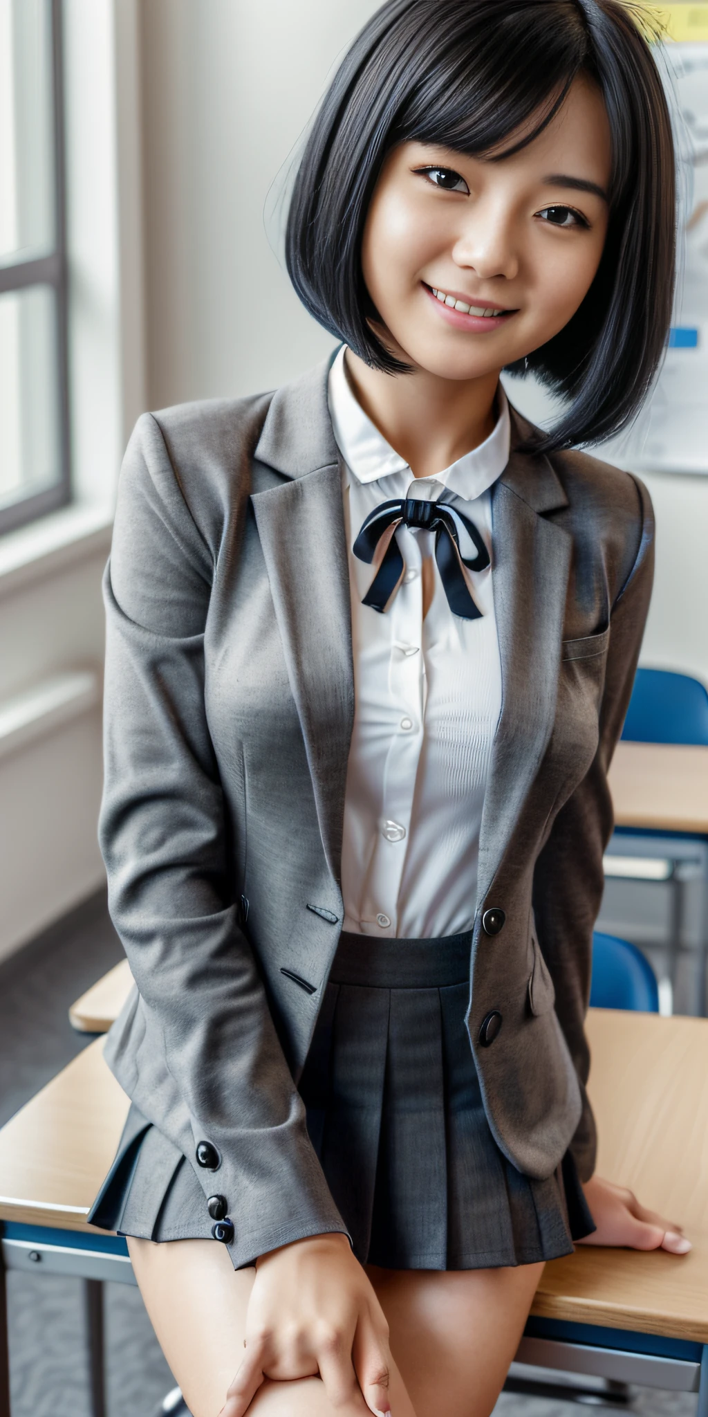 realistic style woman, (aegyo sal: 1), 18 year old girl, (gray blazer, ribbon, folded miniskirt, socks, private school uniform: 1.2), high school classroom, beautiful detail in the eyes, (size of the eyes : 3/4) light on the face, ((full body photo: 1.2)), especially strong light, (top of the eyes, smiling smile: 1.2), shiny skin, (((black hair, bob hair: 1.2 ))), (thick thighs), ulzzang-6500-v1.1: 0.2, shy, (flash: 1.2), NSFW, (puffed), ((seductive posture: 1.2, attractiveness: 1.2)), (idle), (sitting at a desk in the classroom: 1.2)), ((good anatomy: 1.2)), ((bright and refreshing classroom, blurred background: 1.2)), perfect face, cute and symmetrical face, (Photo high angle: 1.2 )s., Natural side lighting, ((8k, RAW photos, maximum quality, masterpieces), RAW high definition color photos, professional close-up photos, (realistic, photorealism: 1.37) , (highest quality), (best shadows), (best illustrations), Clavicles ((large)), ((erotic, sexy, ultra high resolution, HD 8K unified CG wallpapers, physical representation, movie lighting), Canon EOS R50 camera, 50mm lens