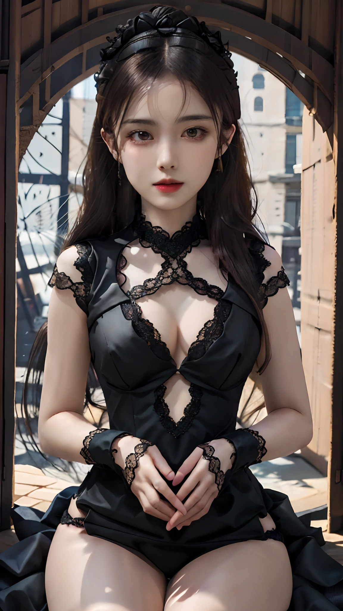 official art, unity 8k wallpaper, ultra detailed, beautiful and aesthetic, High quality, beautiful, masterpiece, best quality, 1 queen, small bust, (round bust:1.5) , (Long hair:1.5) , (zentangle, mandala, tangle, entangle:0.6) , (beautiful dress:1.2) , (black Lace:1.2) , (bare waist:1) , (thigh high:1.2) , (closed up:1.5) , attractive sitting poses,