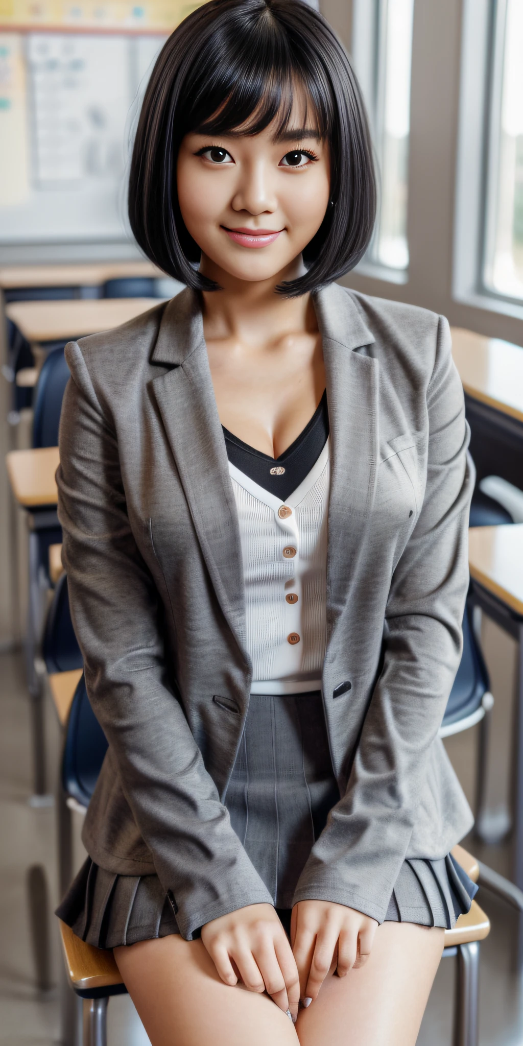realistic style woman, (aegyo sal: 1), 18 year old girl, (gray blazer, ribbon, folded miniskirt, socks, private school uniform: 1.2), high school classroom, beautiful detail in the eyes, (size of the eyes : 3/4) light on the face, ((full body photo: 1.2)), especially strong light, (top of the eyes, smiling smile: 1.2), shiny skin, (((black hair, bob hair: 1.2 ))), (thick thighs), ulzzang-6500-v1.1: 0.2, shy, (flash: 1.2), NSFW, (puffed), ((seductive posture: 1.2, attractiveness: 1.2)), (idle), (sitting at a desk in the classroom: 1.2)), ((good anatomy: 1.2)), ((bright and refreshing classroom, blurred background: 1.2)), perfect face, cute and symmetrical face, (Photo high angle: 1.2 )s., Natural side lighting, ((8k, RAW photos, maximum quality, masterpieces), RAW high definition color photos, professional close-up photos, (realistic, photorealism: 1.37) , (highest quality), (best shadows), (best illustrations), Clavicles ((large)), ((erotic, sexy, ultra high resolution, HD 8K unified CG wallpapers, physical representation, movie lighting), Canon EOS R50 camera, 50mm lens