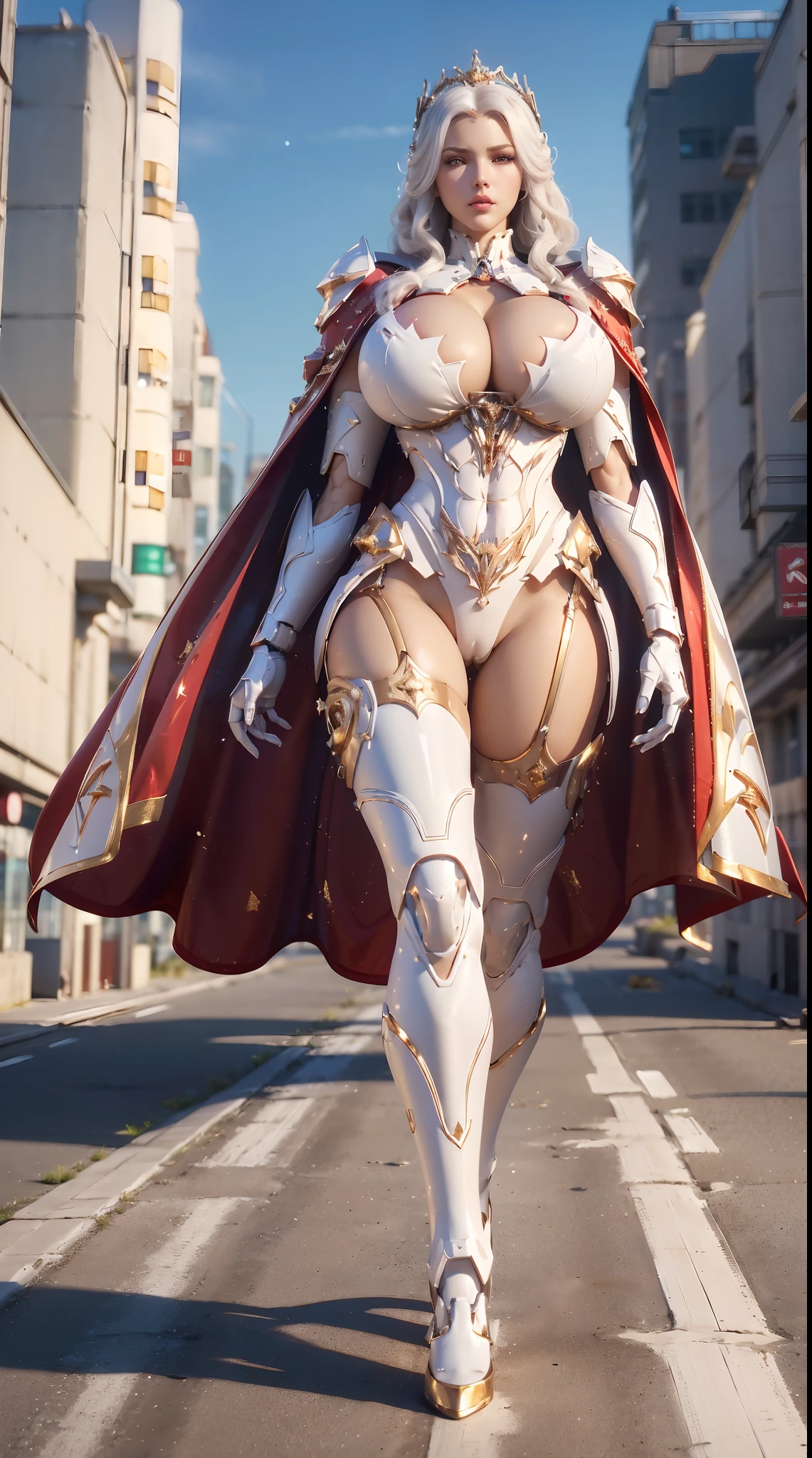 1GIRL, SOLO, (white hair whith crown), (HUGE FAKE BOOBS:1.3), (GUARD ARM, GLOVE), IMMORTAL, (white, red, gold, FUTURISTIC MECHA ARMOR SUIT, ROYAL CAPE, CLEAVAGE:1.5), (SKINTIGHT YOGA PANTS, HIGH HEELS:1.2), (NSFW GLAMOROUS BODY, SEXY LONG LEGS, FULL BODY:1.3), (FROM FRONT, LOOKING AT VIEWER:1), (WALKING DOWN ON STREET NIGHT CITY:1.3), PHYSICALLY-BASED RENDERING, ULTRA HIGHT DEFINITION, 8K, 1080P.