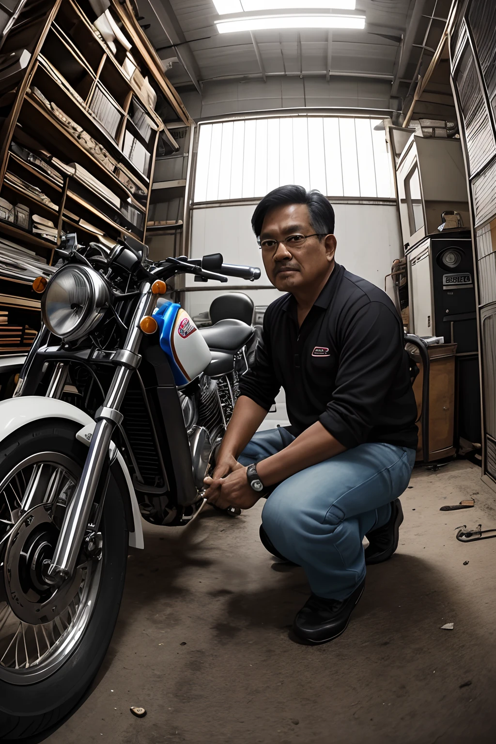 Photorealistic, 8k, cmyk+, dynamic composition, high angle lens, fisheye lens, middle-aged Malay man, squatting, next to an old Honda CD70 motorcycle, at a motorcycle workshop.